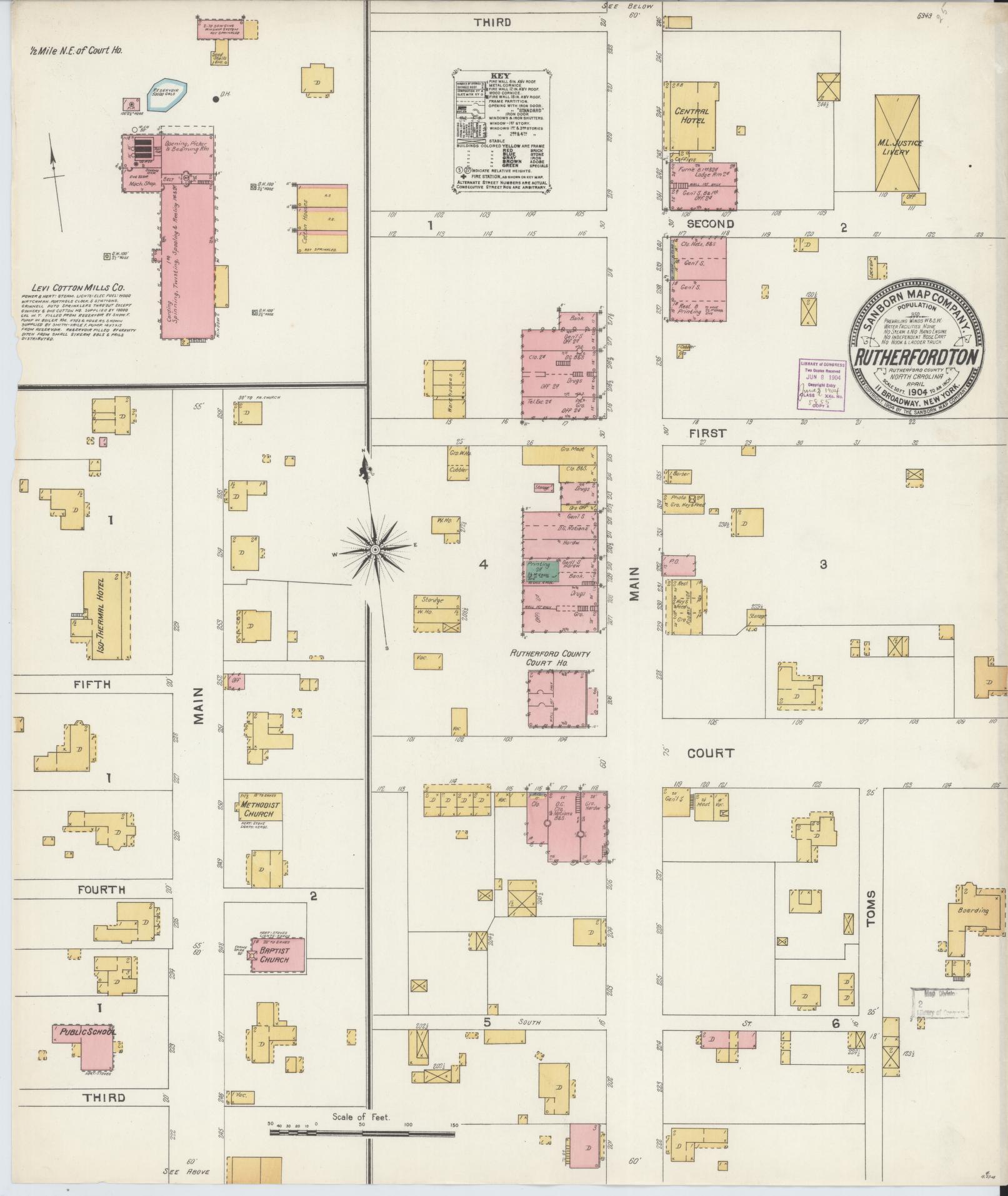 Sanborn Fire Insurance Map from Rutherfordton, Rutherford County, North Carolina (1904), Sheet #0001 - Historic Sanborn Fire Insurance Map Print, vintage old map wall art, antique decor, genealogy gift, North Carolina North Carolina map