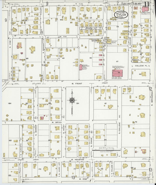 Sanborn Fire Insurance Map from Tyler, Smith County, Texas (1919), Sheet #0011 - Historic Sanborn Fire Insurance Map Print, vintage old map wall art, antique decor, genealogy gift, Texas Texas map