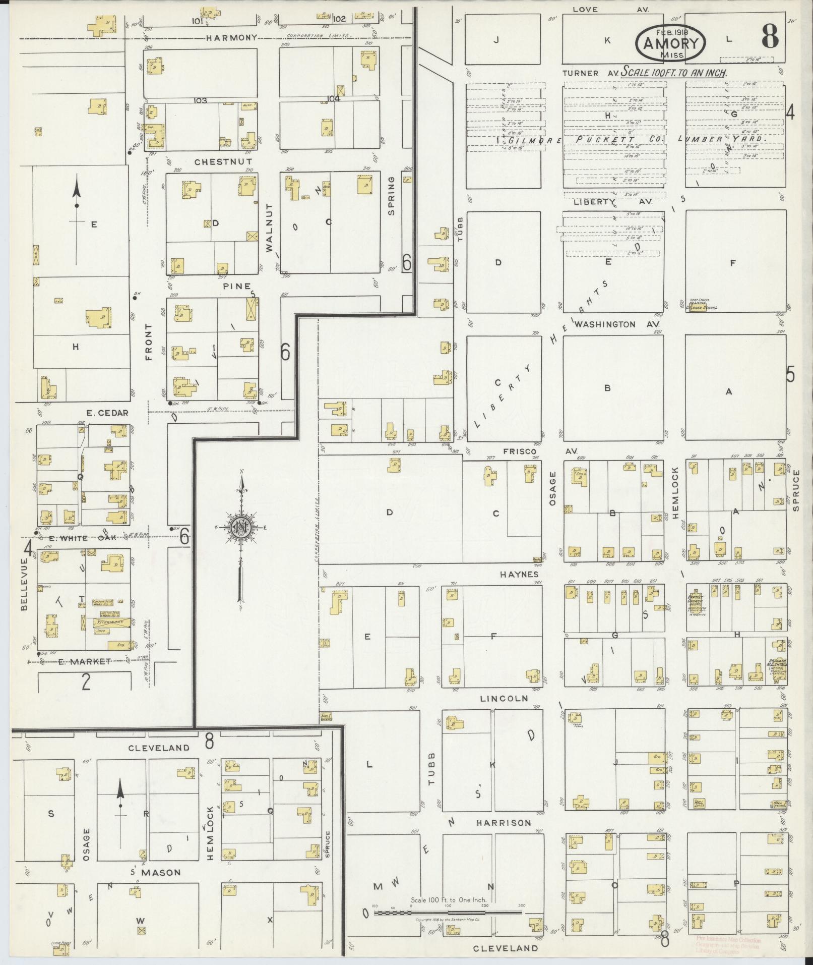 Sanborn Fire Insurance Map from Amory, Monroe County, Mississippi (1918), Sheet #0008 - Complete Map Set gallery image, historic Sanborn map, vintage wall art, Mississippi Mississippi