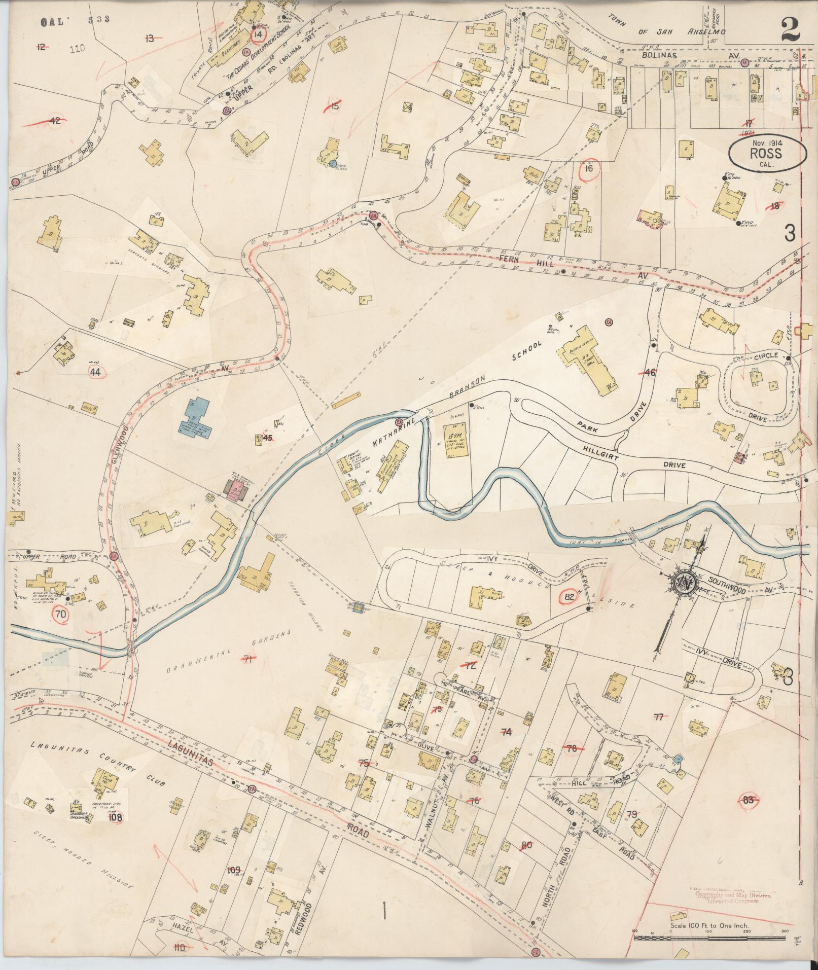 Sanborn Fire Insurance Map from Ross, Marin County, California (1942), Sheet #0002 - Complete Map Set gallery image, historic Sanborn map, vintage wall art, California California
