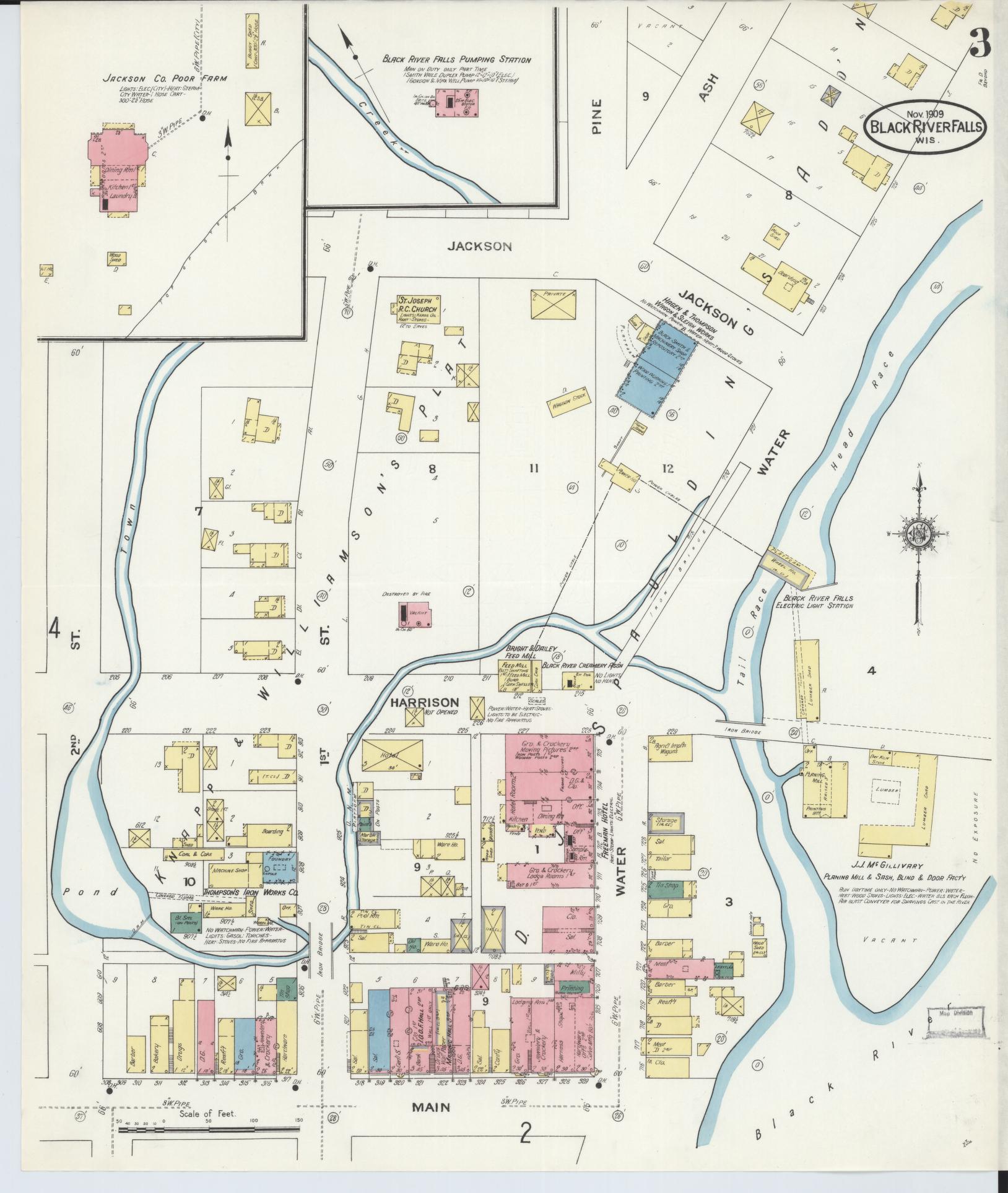 Sanborn Fire Insurance Map from Black River Falls, Jackson County, Wisconsin (1909), Sheet #0003 - Historic Sanborn Fire Insurance Map Print, vintage old map wall art, antique decor, genealogy gift, Wisconsin Wisconsin map