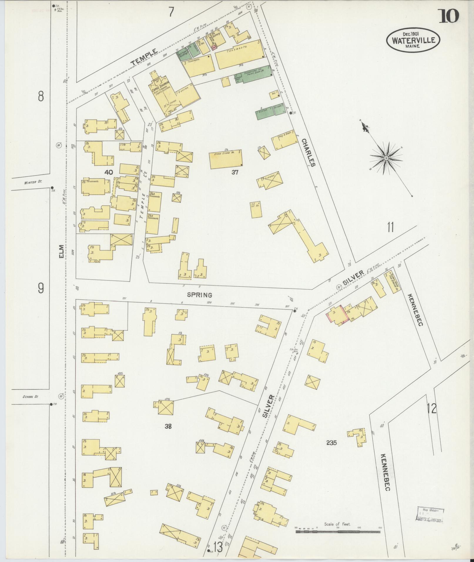 Sanborn Fire Insurance Map from Waterville, Kennebec County, Maine (1901), Sheet #0010 - Historic Sanborn Fire Insurance Map Print, vintage old map wall art, antique decor, genealogy gift, Maine Maine map