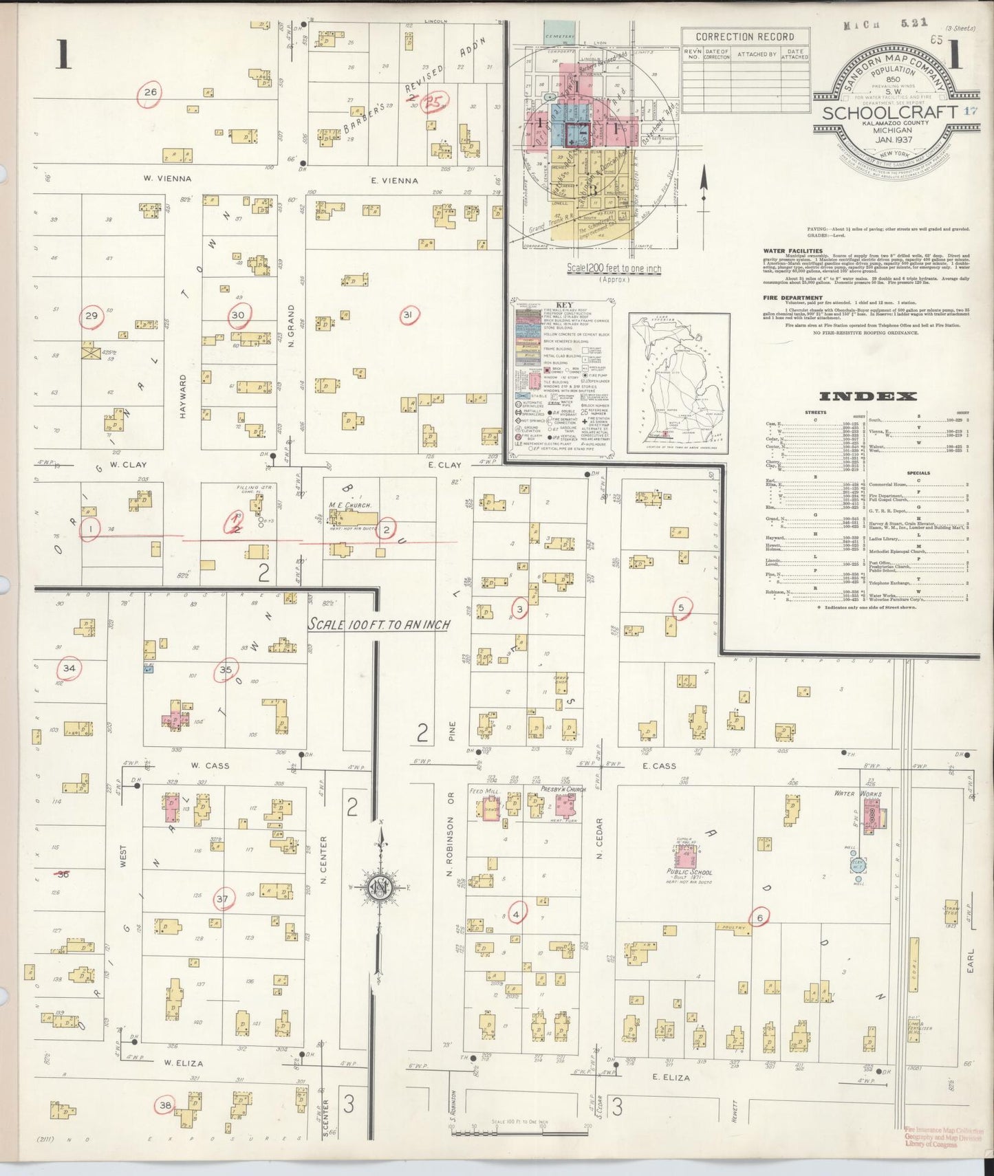 Sanborn Fire Insurance Map from Schoolcraft, Kalamazoo County, Michigan (1937), Sheet #0001 - Complete Map Set gallery image, historic Sanborn map, vintage wall art, Michigan Michigan