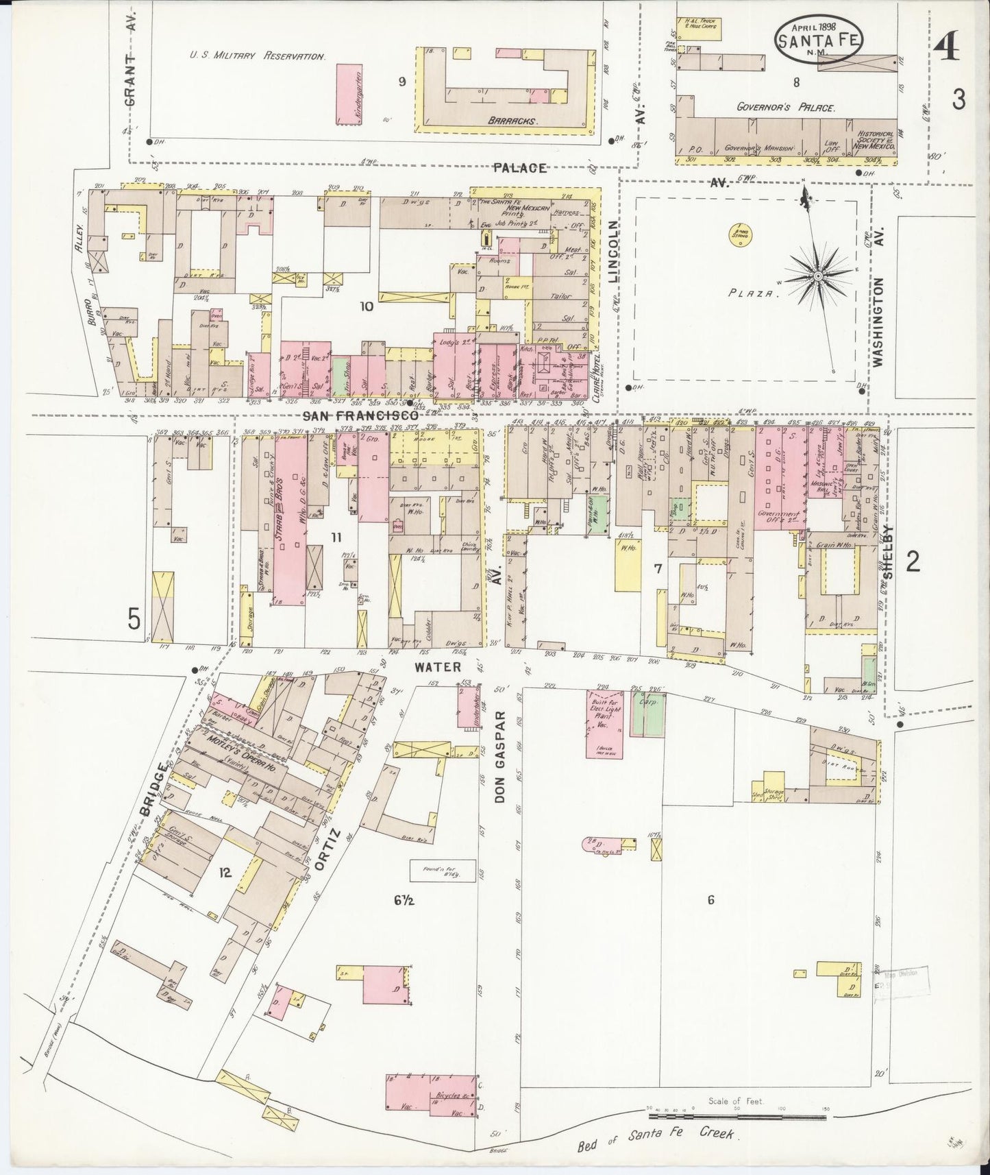 Sanborn Fire Insurance Map from Santa Fe, Santa Fe County, New Mexico (1898), Sheet #0004 - Complete Map Set gallery image, historic Sanborn map, vintage wall art, New Mexico New Mexico