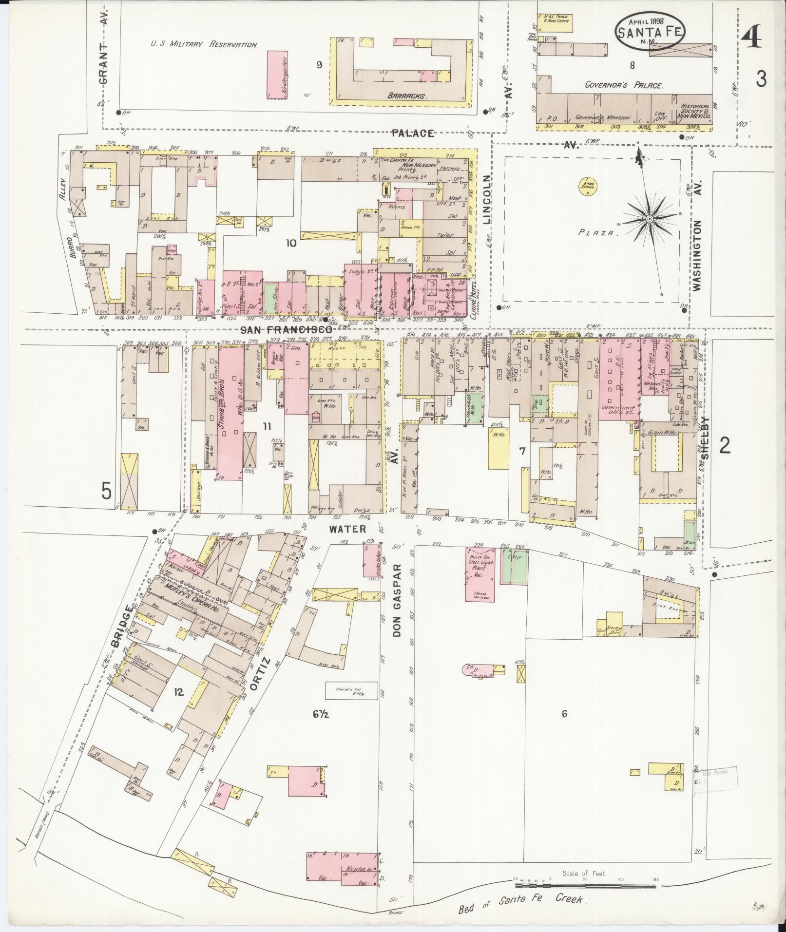 Sanborn Fire Insurance Map from Santa Fe, Santa Fe County, New Mexico (1898), Sheet #0004 - Complete Map Set gallery image, historic Sanborn map, vintage wall art, New Mexico New Mexico