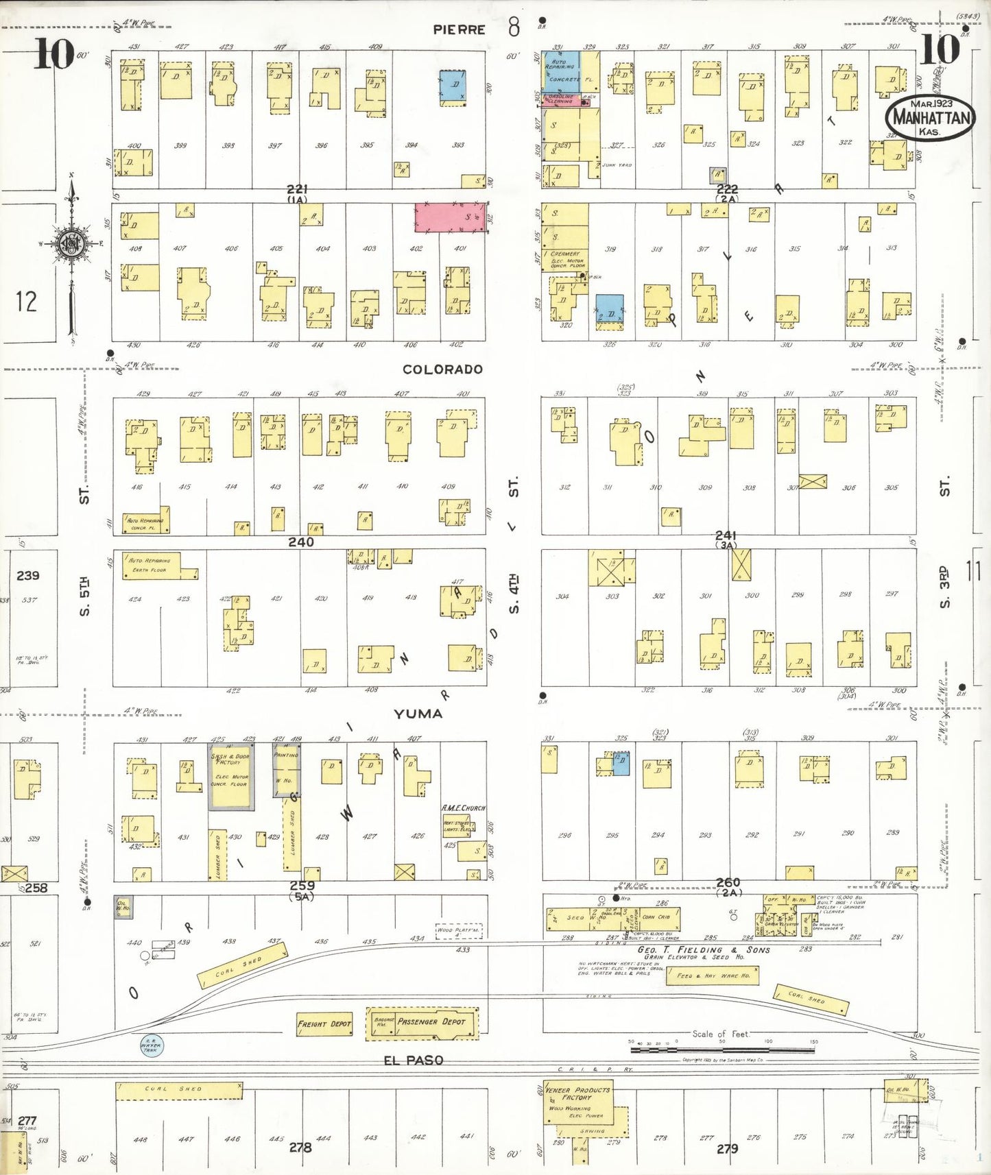 Sanborn Fire Insurance Map from Manhattan, Riley County, Kansas (1923), Sheet #0010 - Historic Sanborn Fire Insurance Map Print, vintage old map wall art, antique decor, genealogy gift, Kansas Kansas map