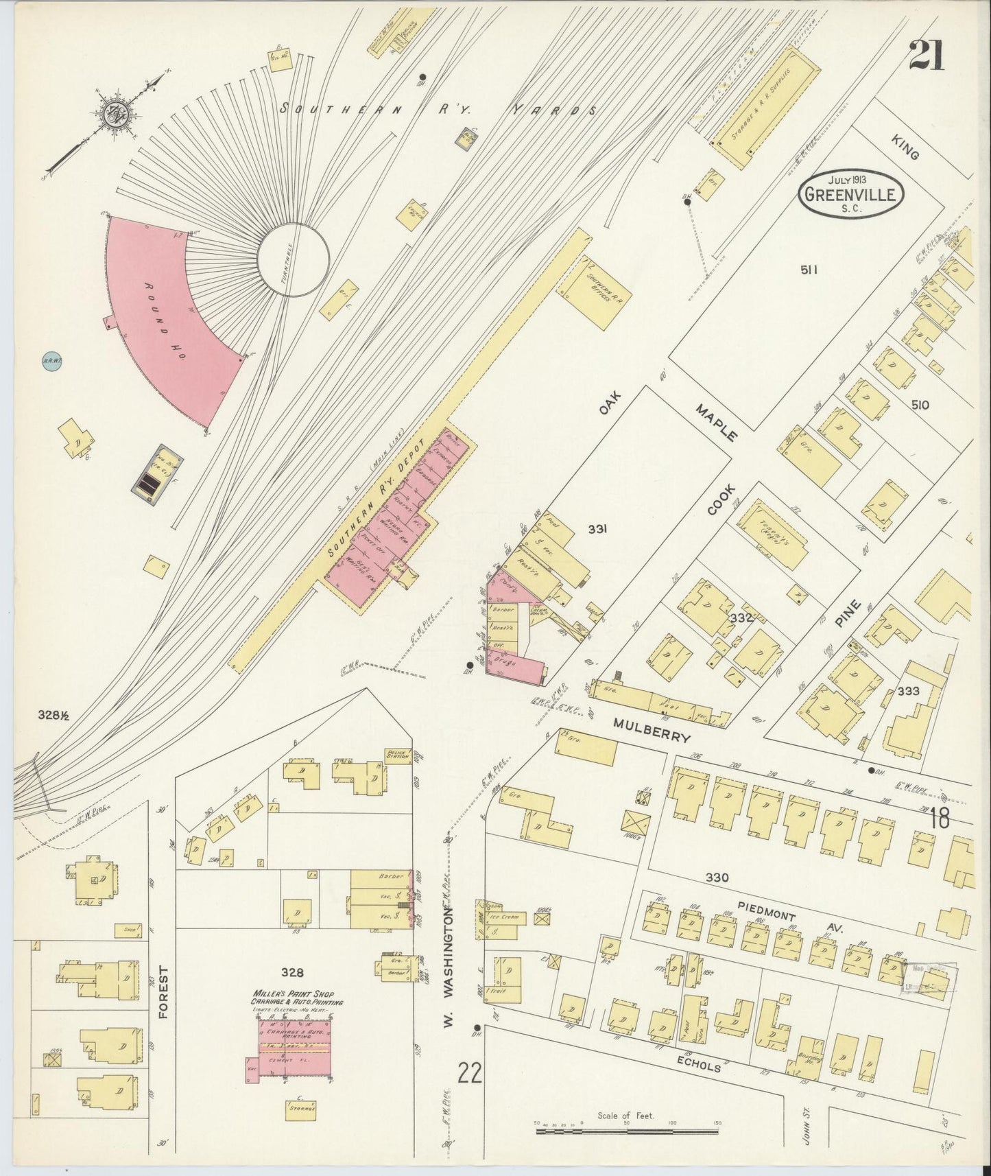 Sanborn Fire Insurance Map from Greenville, Greenville County, South Carolina (1913), Sheet #0021 - Complete Map Set gallery image, historic Sanborn map, vintage wall art, South Carolina South Carolina