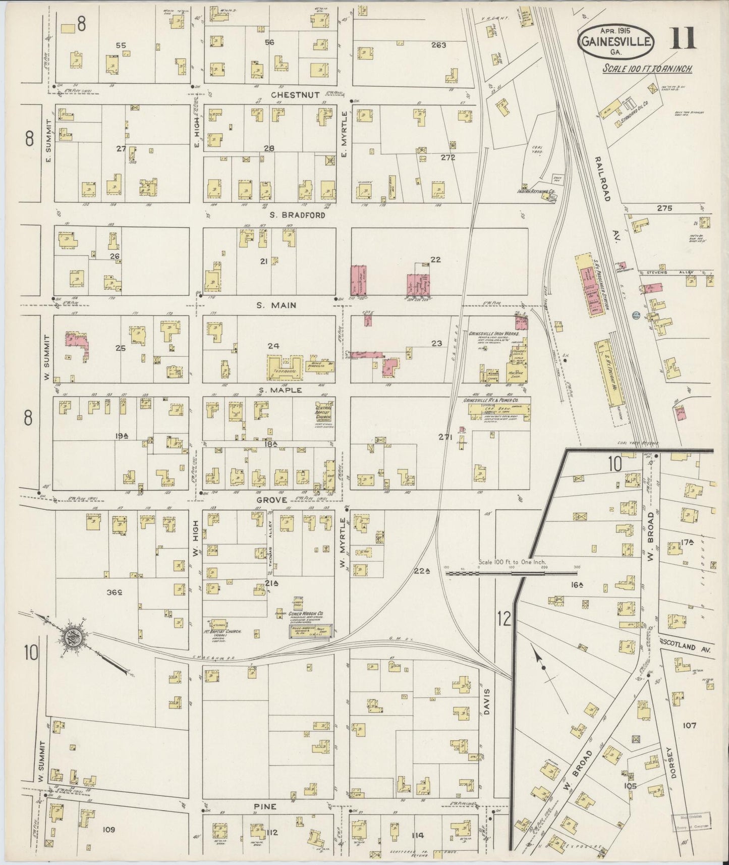 Sanborn Fire Insurance Map from Gainesville, Hall County, Georgia (1915), Sheet #0011 - Complete Map Set gallery image, historic Sanborn map, vintage wall art, Georgia Georgia