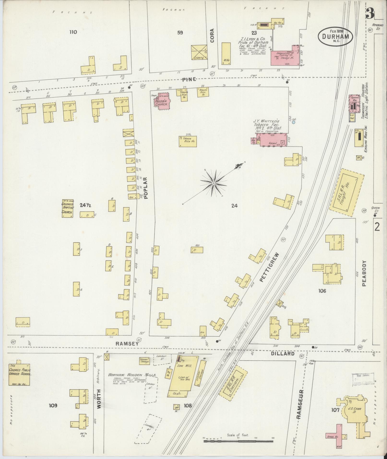 Sanborn Fire Insurance Map from Durham, Durham County, North Carolina (1898), Sheet #0003 - Complete Map Set gallery image, historic Sanborn map, vintage wall art, North Carolina North Carolina