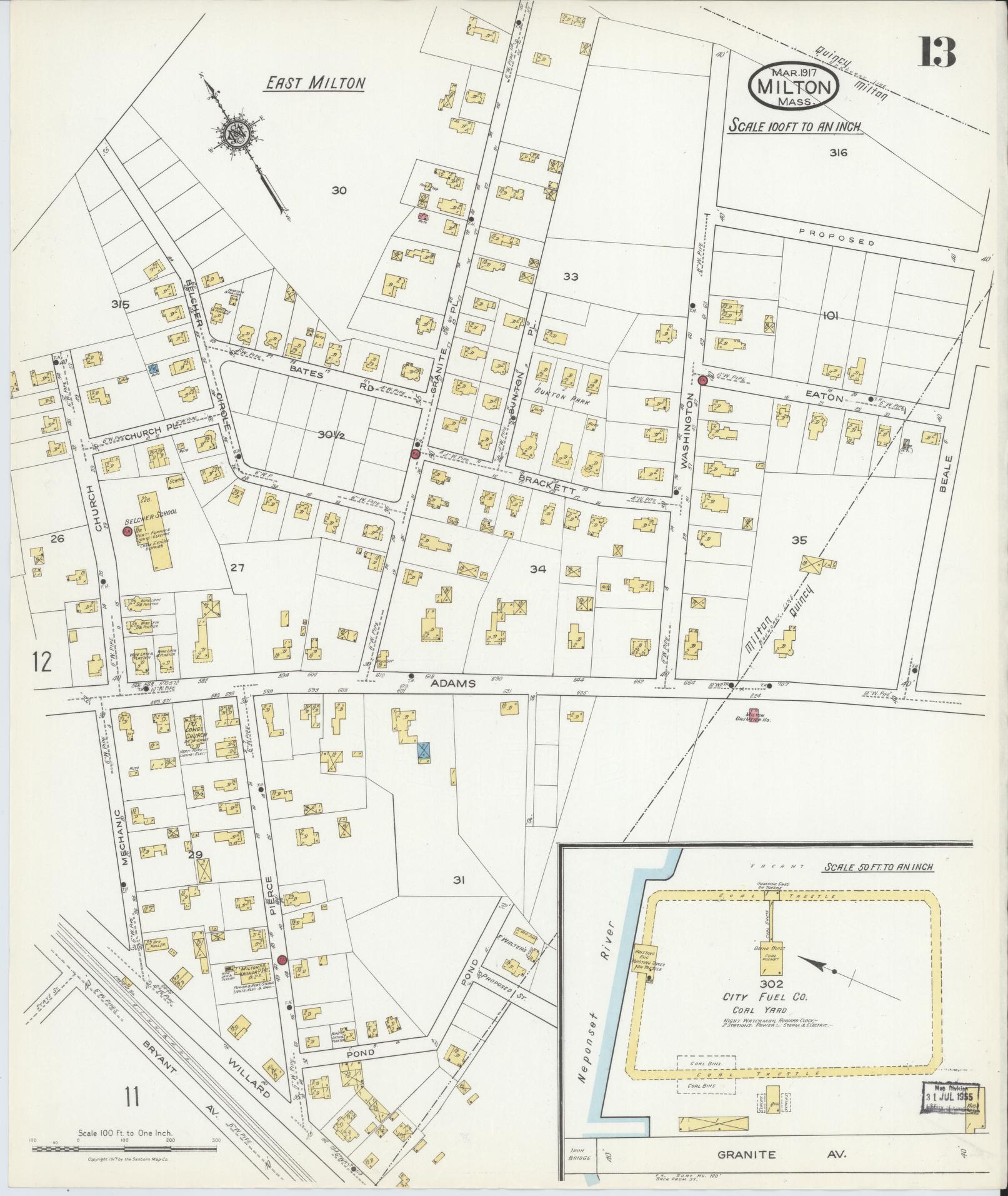 Sanborn Fire Insurance Map from Milton, Norfolk County, Massachusetts (1917), Sheet #0013 - Complete Map Set gallery image, historic Sanborn map, vintage wall art, Massachusetts Massachusetts