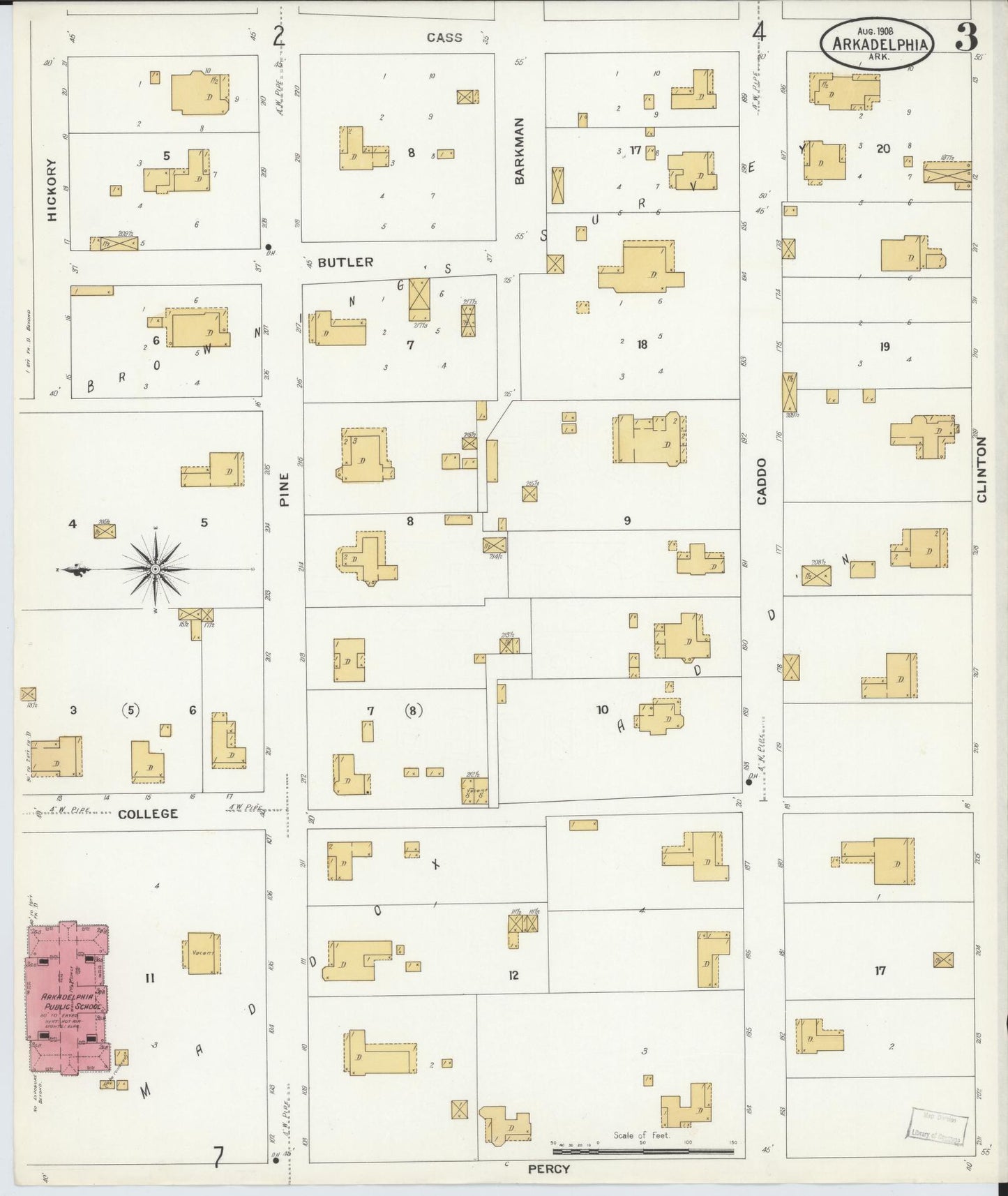 Sanborn Fire Insurance Map from Arkadelphia, Clark County, Arkansas (1908), Sheet #0003 - Historic Sanborn Fire Insurance Map Print, vintage old map wall art, antique decor, genealogy gift, Arkansas Arkansas map