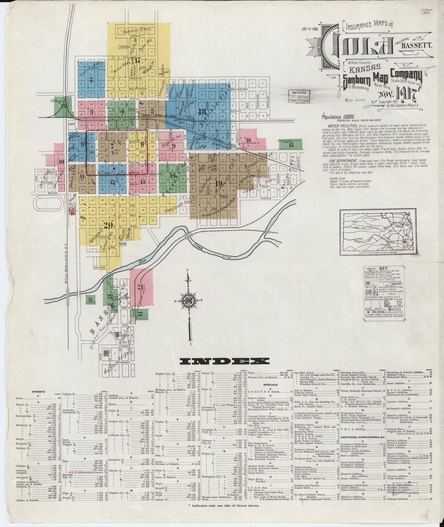 Sanborn Fire Insurance Map from Iola, Allen County, Kansas (1917), Sheet #0001 - Complete Map Set gallery image, historic Sanborn map, vintage wall art, Kansas Kansas