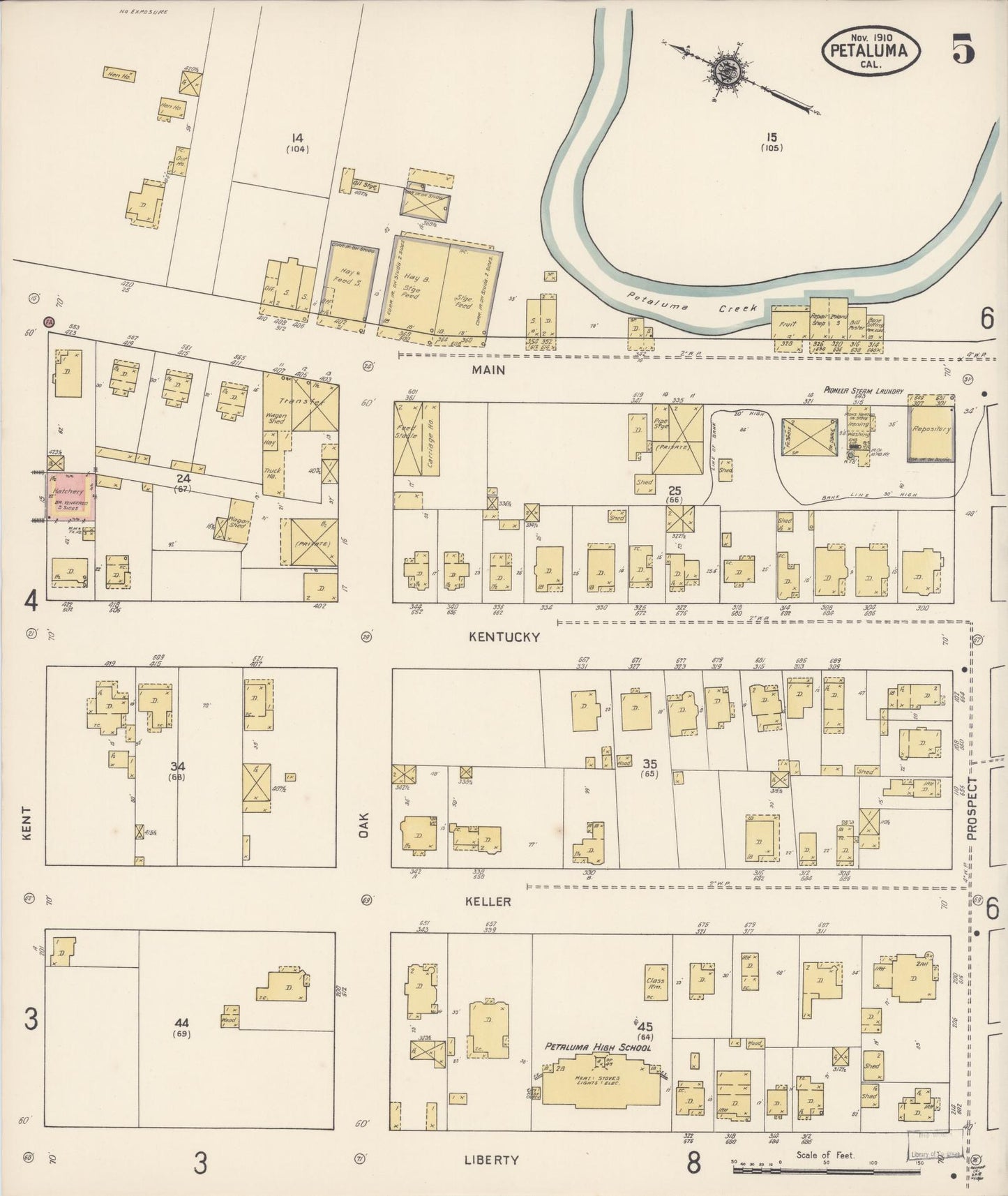 Sanborn Fire Insurance Map from Petaluma, Sonoma County, California (1910), Sheet #0005 - Complete Map Set gallery image, historic Sanborn map, vintage wall art, California California
