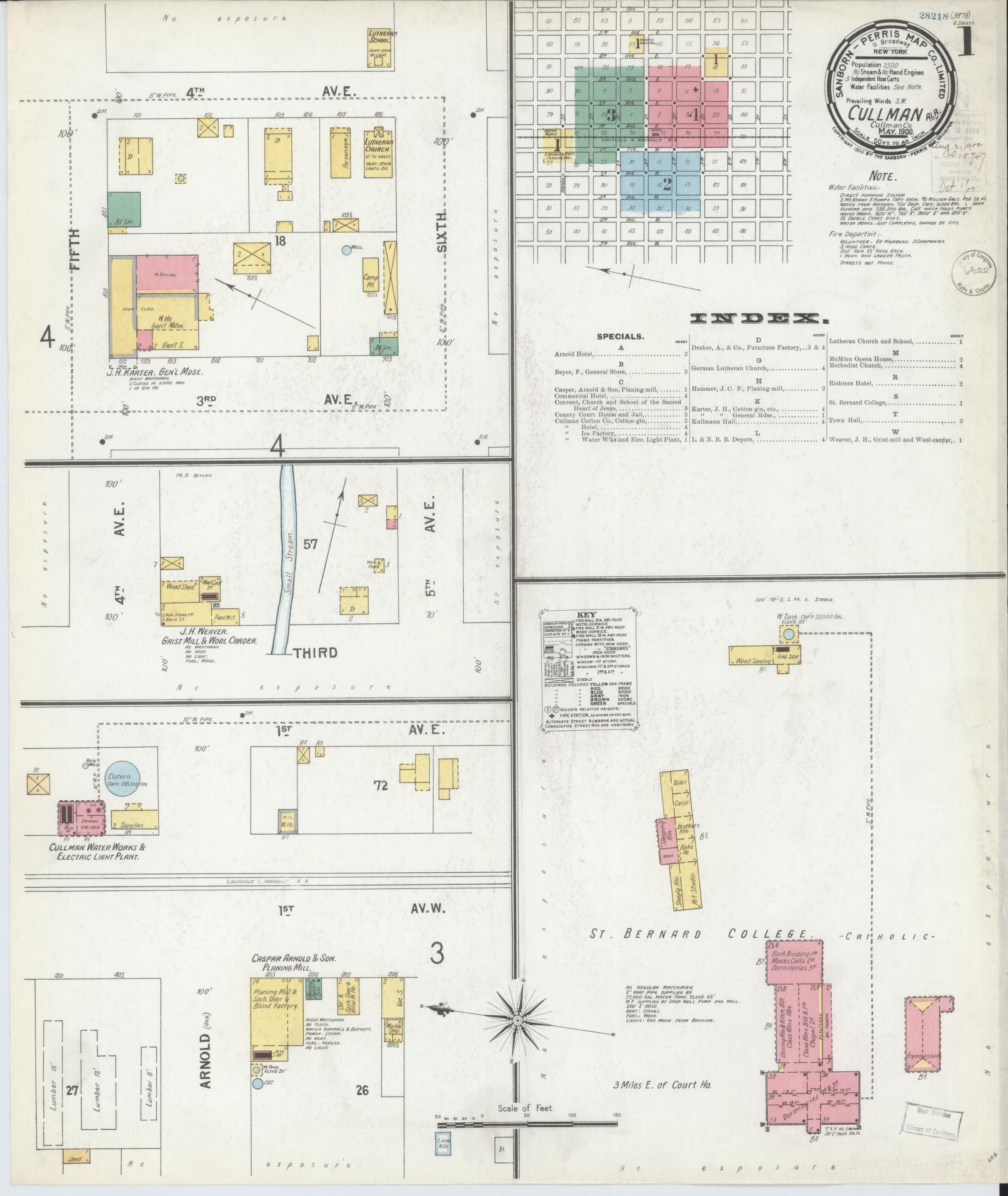 Sanborn Fire Insurance Map from Cullman, Cullman County, Alabama (1900), Sheet #0001 - Historic Sanborn Fire Insurance Map Print, vintage old map wall art, antique decor, genealogy gift, Alabama Alabama map