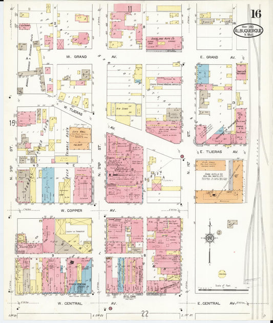 Sanborn Fire Insurance Map from Albuquerque, Bernalillo County, New Mexico (1913), Sheet #0016 - Historic Sanborn Fire Insurance Map Print, vintage old map wall art, antique decor, genealogy gift, New Mexico New Mexico map