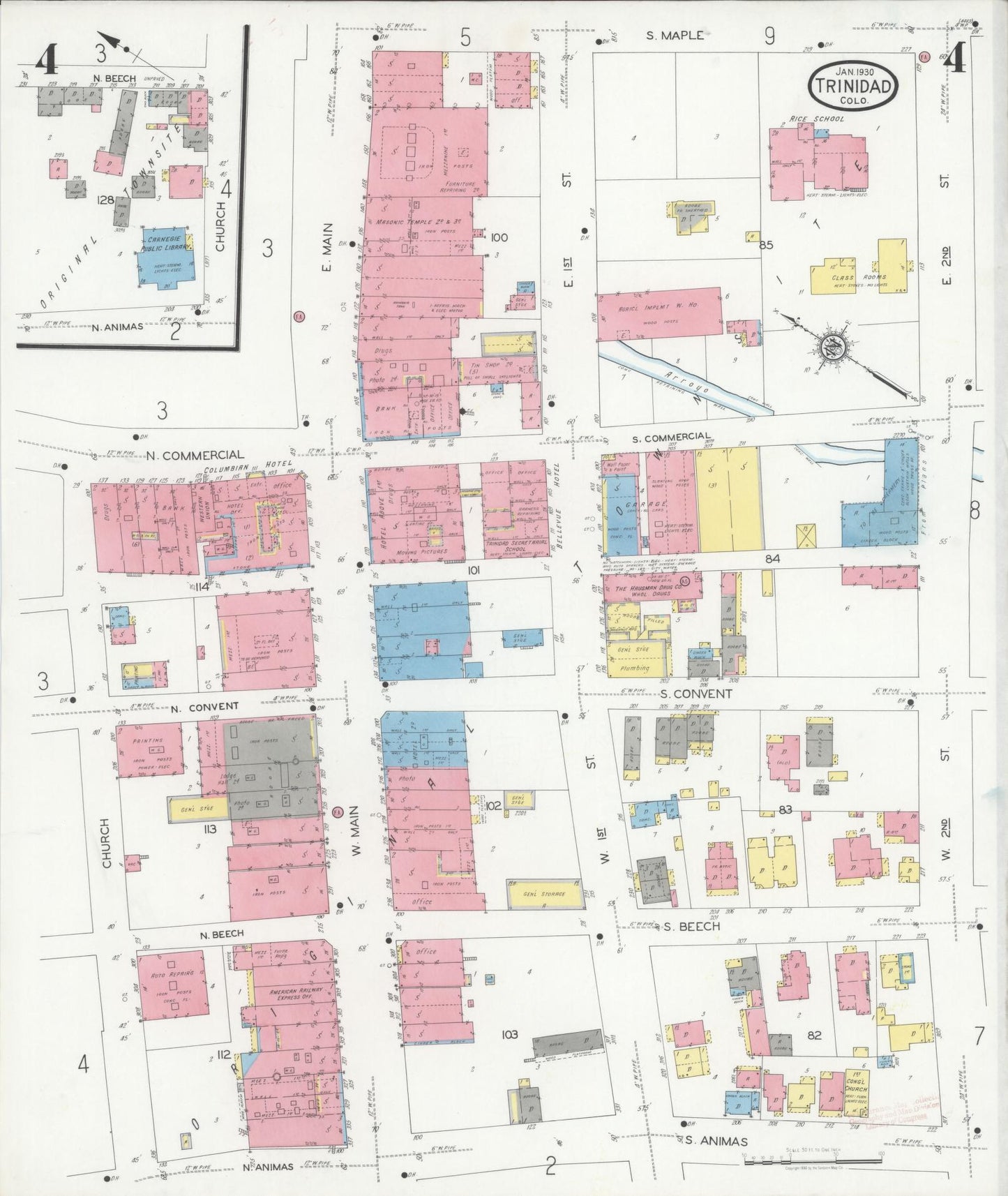 Sanborn Fire Insurance Map from Trinidad, Las Animas County, Colorado (1930), Sheet #0004 - Historic Sanborn Fire Insurance Map Print, vintage old map wall art, antique decor, genealogy gift, Colorado Colorado map