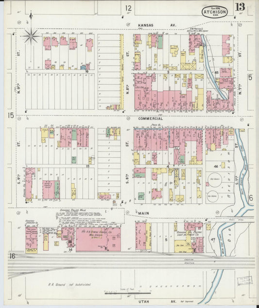 Sanborn Fire Insurance Map from Atchison, Atchison County, Kansas (1896), Sheet #0013 - Historic Sanborn Fire Insurance Map Print, vintage old map wall art, antique decor, genealogy gift, Kansas Kansas map