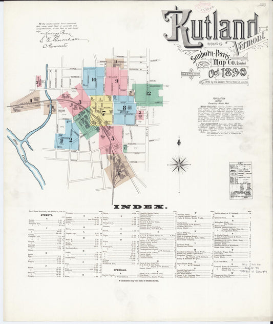Sanborn Fire Insurance Map from Rutland, Rutland County, Vermont (1890), Sheet #0001 - Historic Sanborn Fire Insurance Map Print, vintage old map wall art, antique decor, genealogy gift, Vermont Vermont map