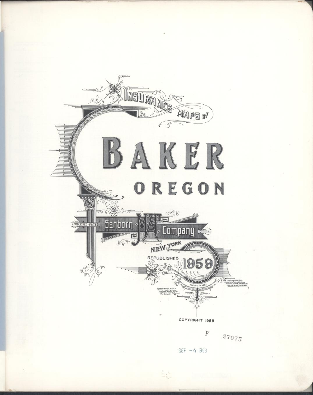 Sanborn Fire Insurance Map from Baker, Baker County, Oregon (1959), Sheet #0001 - Historic Sanborn Fire Insurance Map Print, vintage old map wall art, antique decor, genealogy gift, Oregon Oregon map