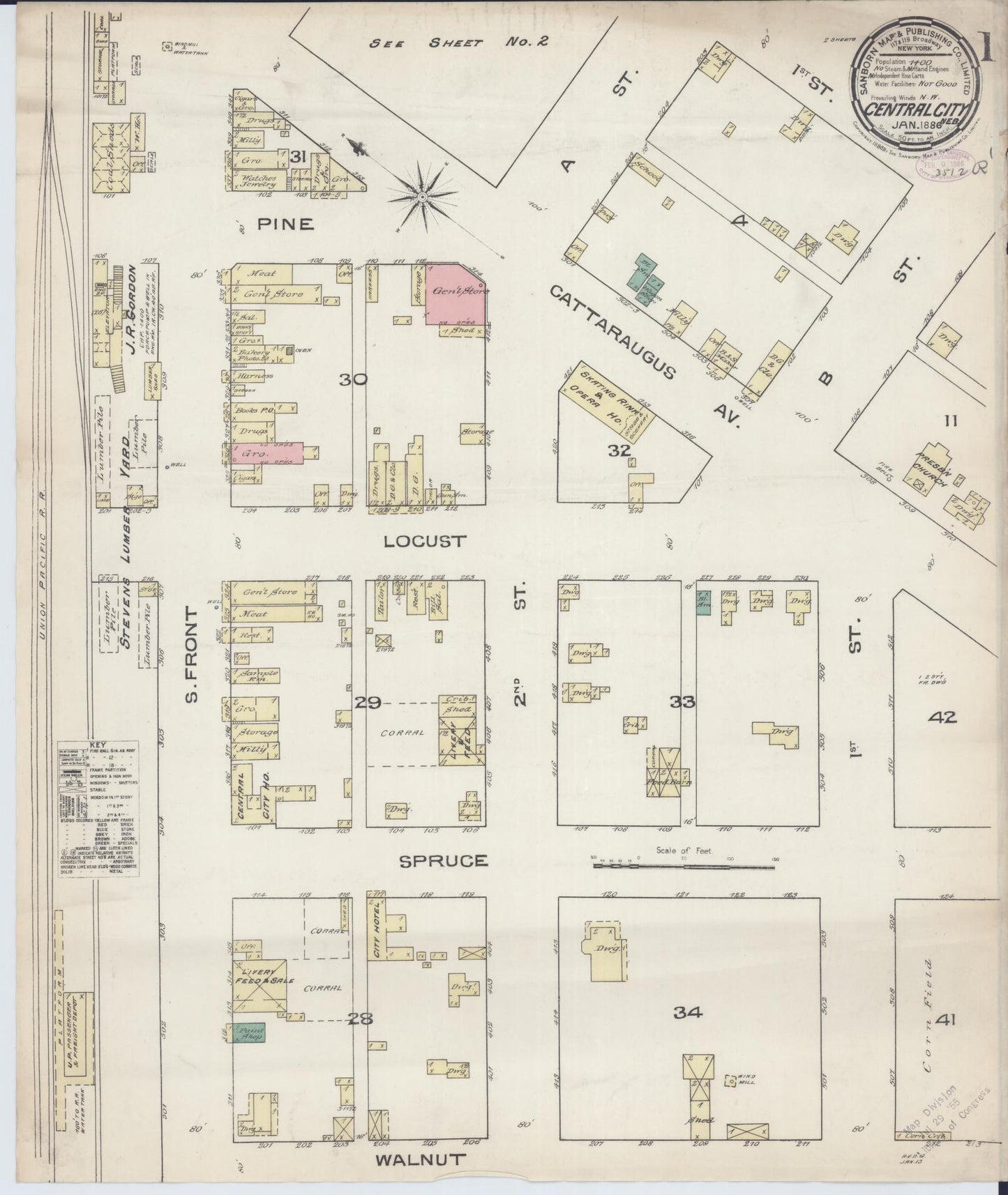 Sanborn Fire Insurance Map from Central City, Merrick County, Nebraska. (1886) – Historic Sanborn Fire Insurance Map Print