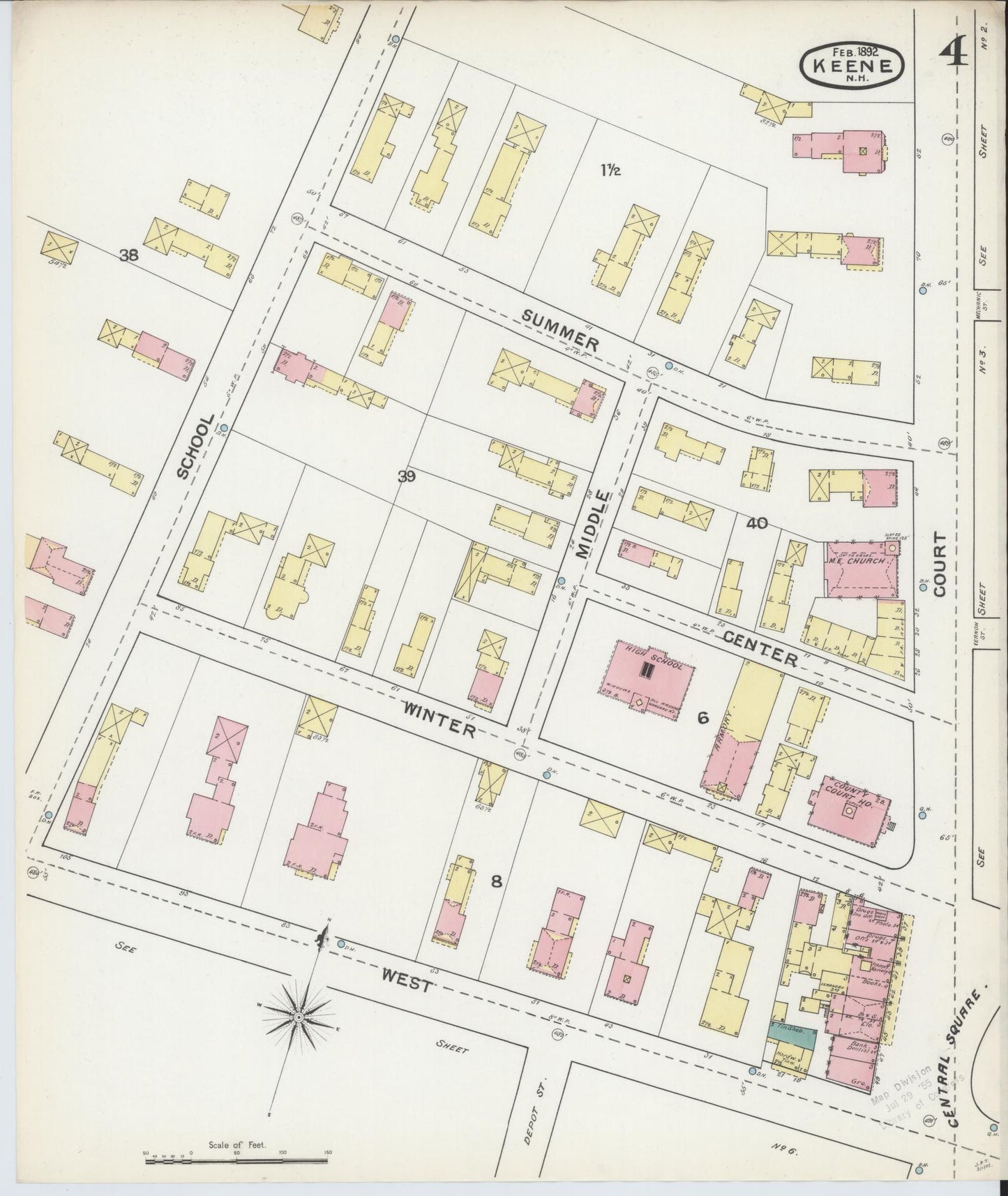 Sanborn Fire Insurance Map from Keene, Cheshire County, New Hampshire (1892), Sheet #0004 - Historic Sanborn Fire Insurance Map Print, vintage old map wall art, antique decor, genealogy gift, New Hampshire New Hampshire map