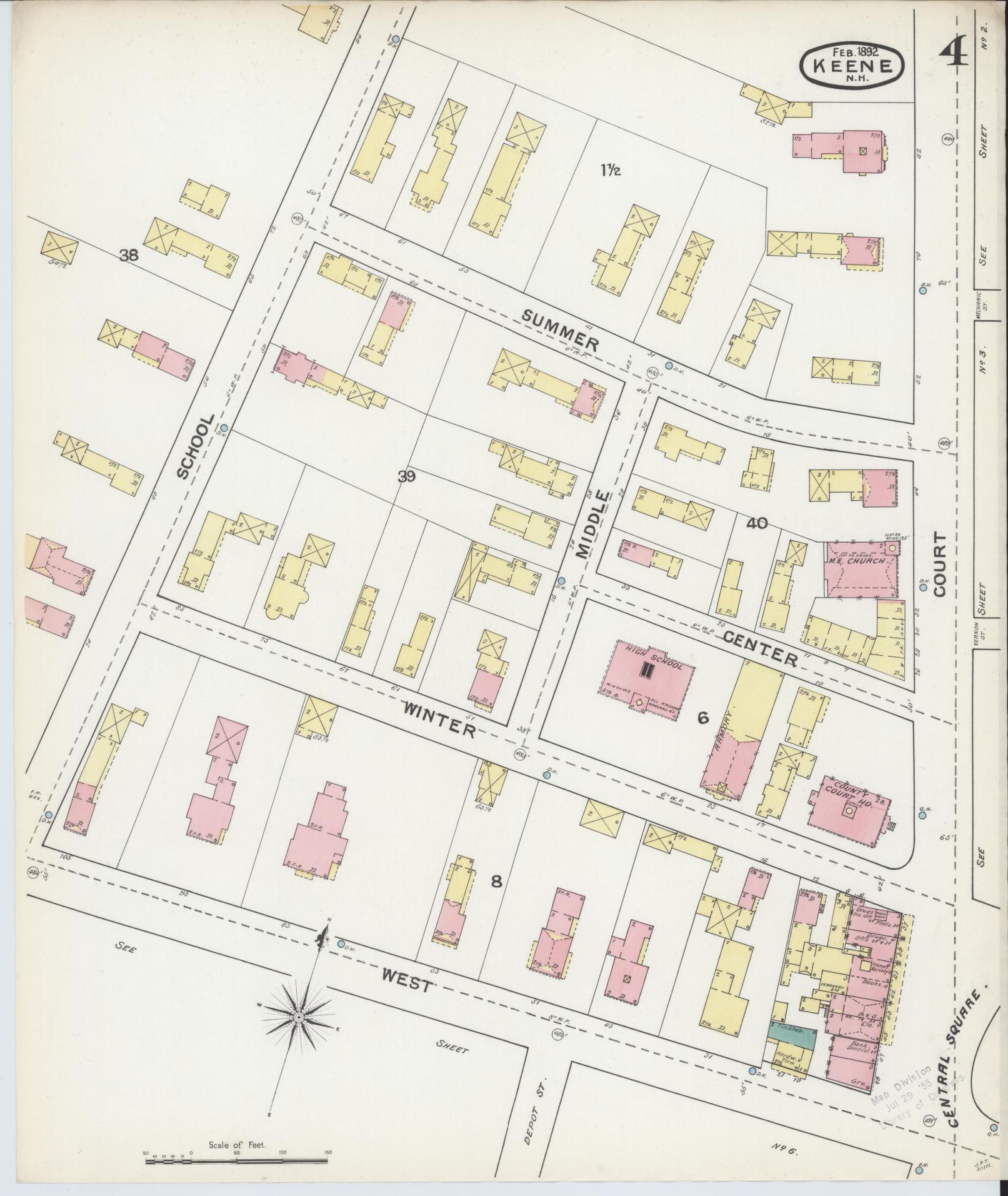 Sanborn Fire Insurance Map from Keene, Cheshire County, New Hampshire (1892), Sheet #0004 - Historic Sanborn Fire Insurance Map Print, vintage old map wall art, antique decor, genealogy gift, New Hampshire New Hampshire map