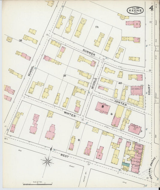 Sanborn Fire Insurance Map from Keene, Cheshire County, New Hampshire (1892), Sheet #0004 - Historic Sanborn Fire Insurance Map Print, vintage old map wall art, antique decor, genealogy gift, New Hampshire New Hampshire map