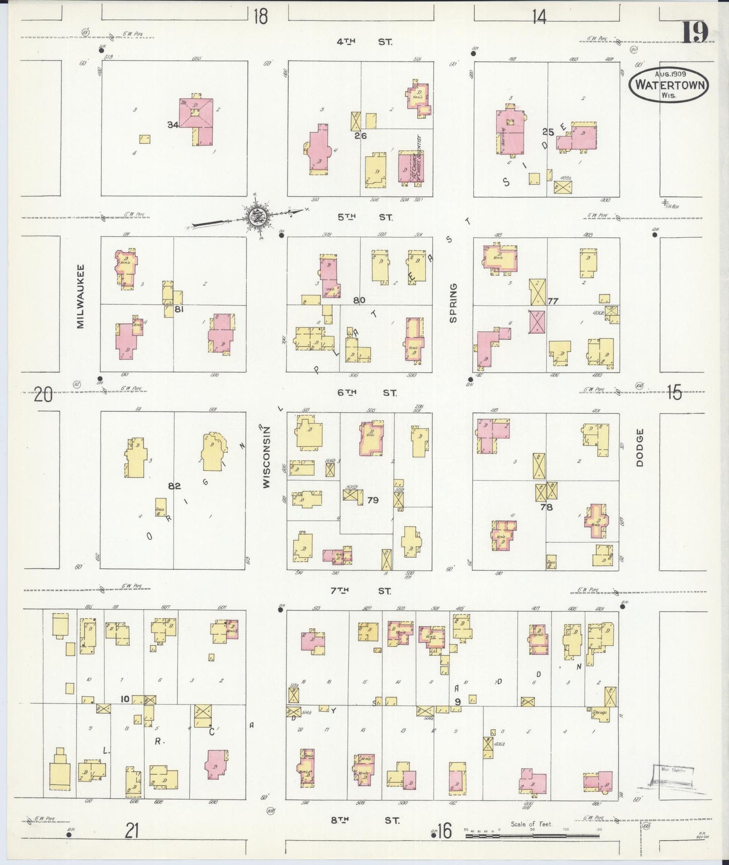 Sanborn Fire Insurance Map from Watertown, Jefferson County, Wisconsin (1909), Sheet #0019 - Complete Map Set gallery image, historic Sanborn map, vintage wall art, Wisconsin Wisconsin