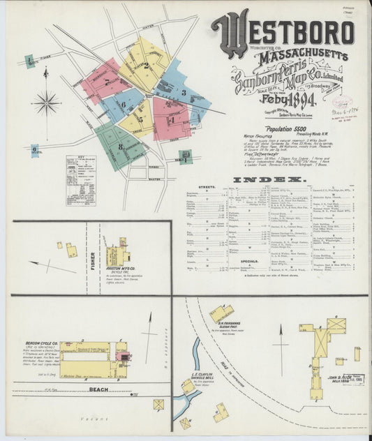 Sanborn Fire Insurance Map from Westboro, Worcester County, Massachusetts (1894), Sheet #0001 - Complete Map Set gallery image, historic Sanborn map, vintage wall art, Massachusetts Massachusetts