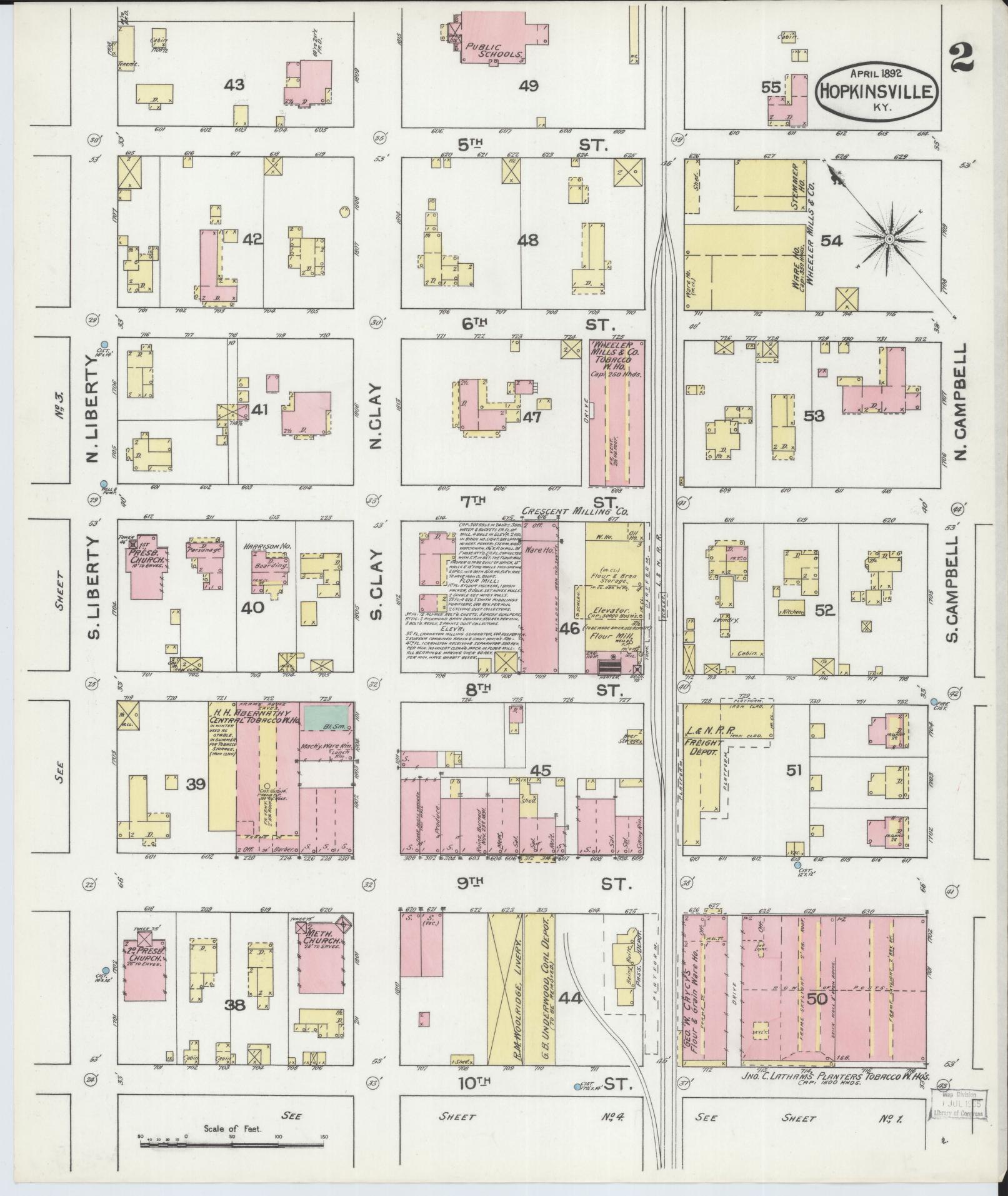 Sanborn Fire Insurance Map from Hopkinsville, Christian County, Kentucky (1892), Sheet #0002 - Complete Map Set gallery image, historic Sanborn map, vintage wall art, Kentucky Kentucky