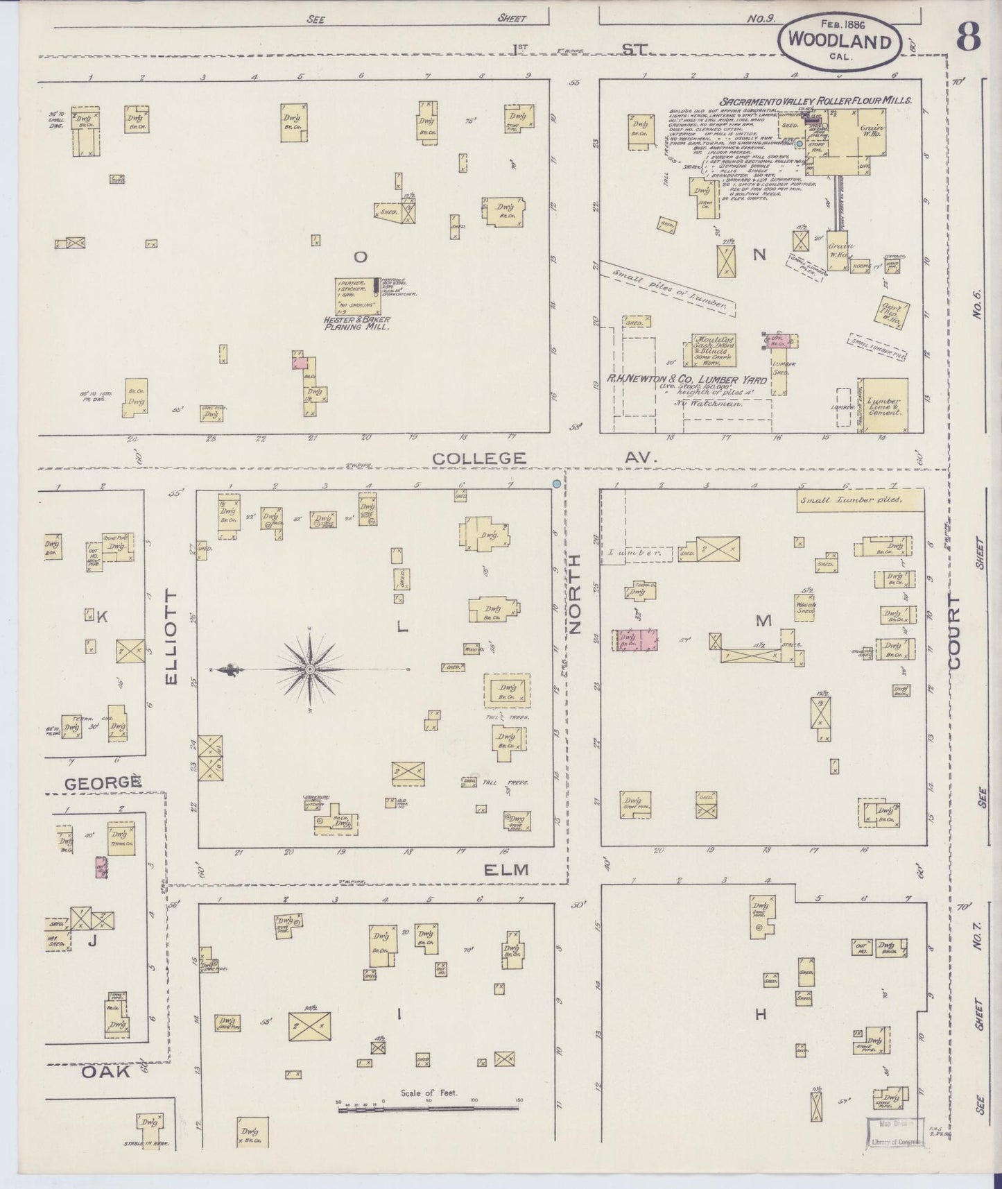 Sanborn Fire Insurance Map from Woodland, Yolo County, California (1886), Sheet #0008 - Complete Map Set gallery image, historic Sanborn map, vintage wall art, California California