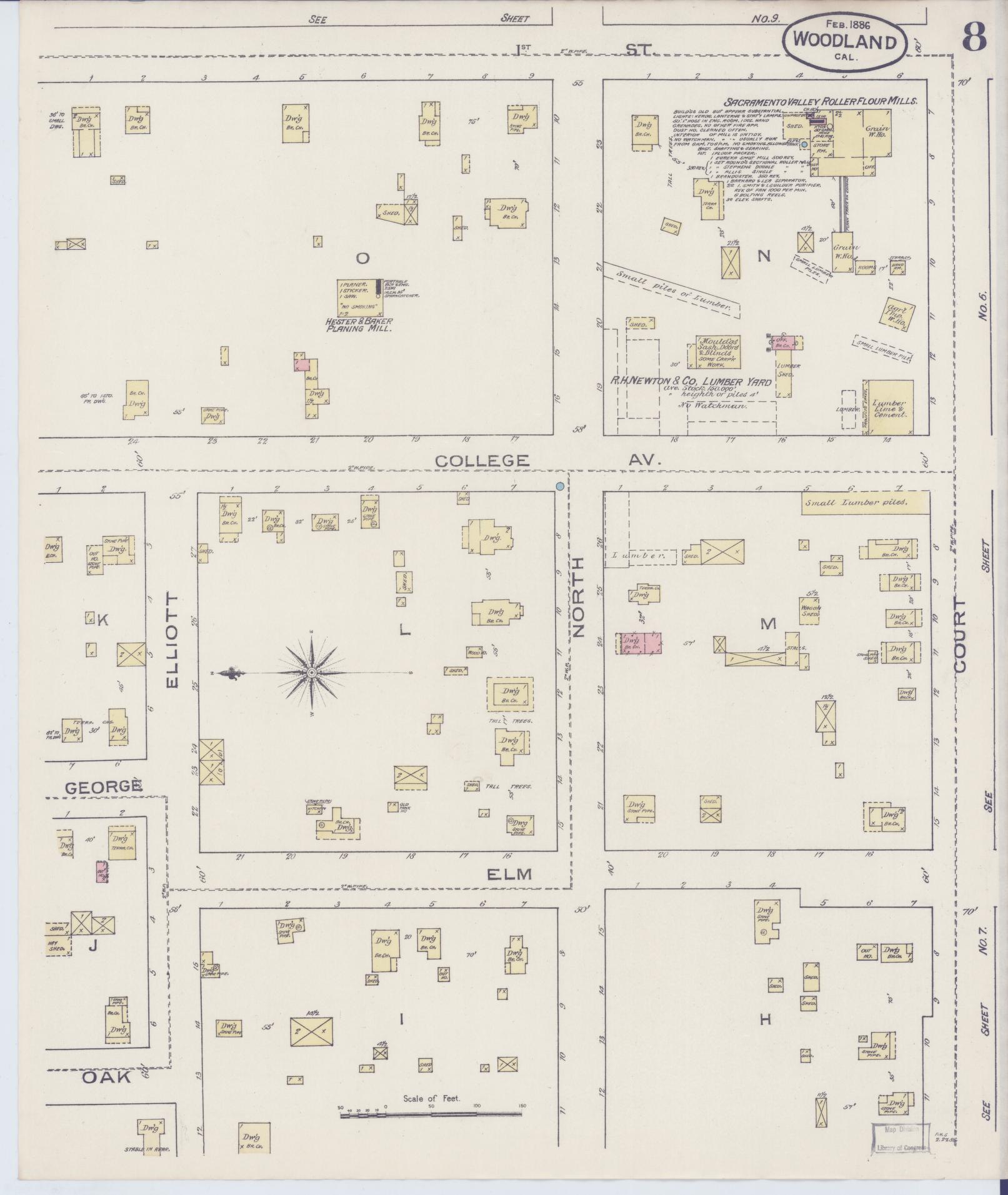 Sanborn Fire Insurance Map from Woodland, Yolo County, California (1886), Sheet #0008 - Complete Map Set gallery image, historic Sanborn map, vintage wall art, California California