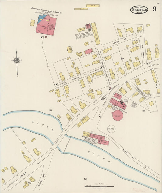 Sanborn Fire Insurance Map from Greenfield, Franklin County, Massachusetts (1922), Sheet #0009 - Historic Sanborn Fire Insurance Map Print, vintage old map wall art, antique decor, genealogy gift, Massachusetts Massachusetts map