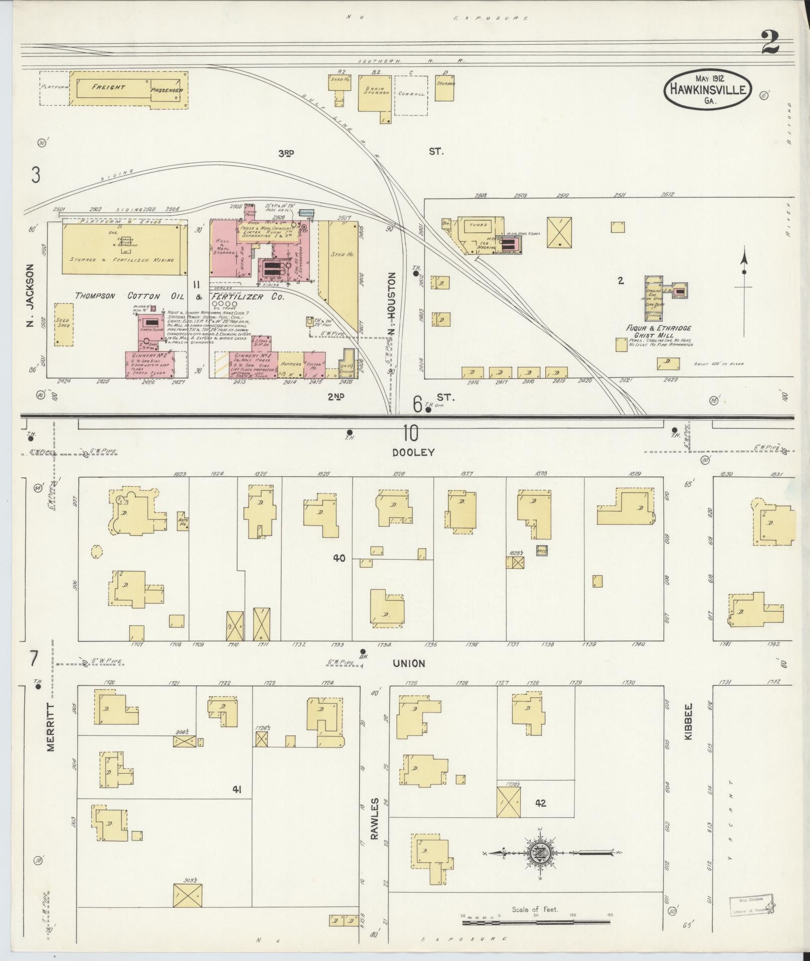 Sanborn Fire Insurance Map from Hawkinsville, Pulaski County, Georgia (1912), Sheet #0002 - Historic Sanborn Fire Insurance Map Print, vintage old map wall art, antique decor, genealogy gift, Georgia Georgia map