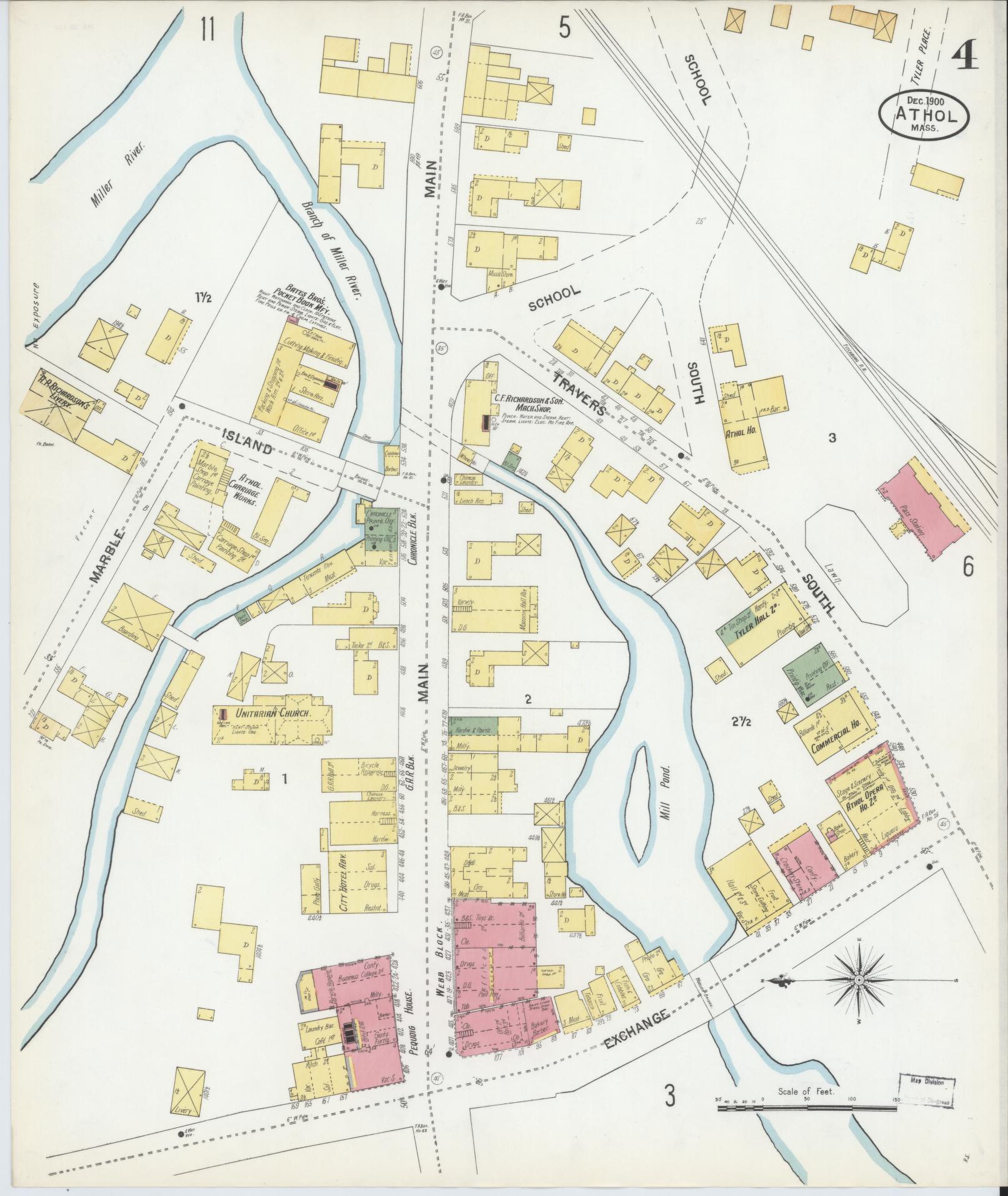 Sanborn Fire Insurance Map from Athol, Worcester County, Massachusetts (1900), Sheet #0004 - Historic Sanborn Fire Insurance Map Print, vintage old map wall art, antique decor, genealogy gift, Massachusetts Massachusetts map
