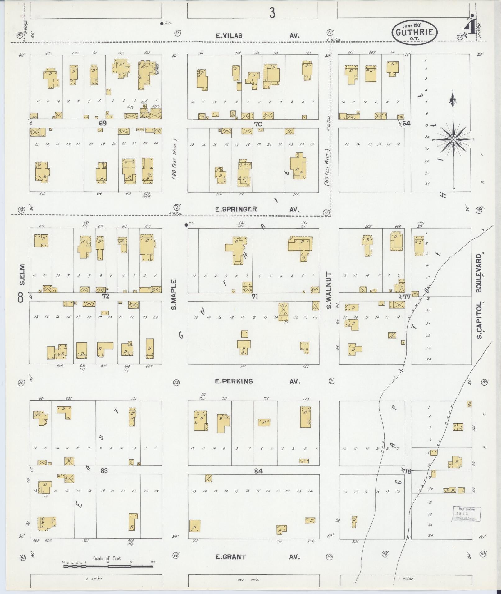 Sanborn Fire Insurance Map from Guthrie, Logan County, Oklahoma (1901), Sheet #0004 - Complete Map Set gallery image, historic Sanborn map, vintage wall art, Oklahoma Oklahoma