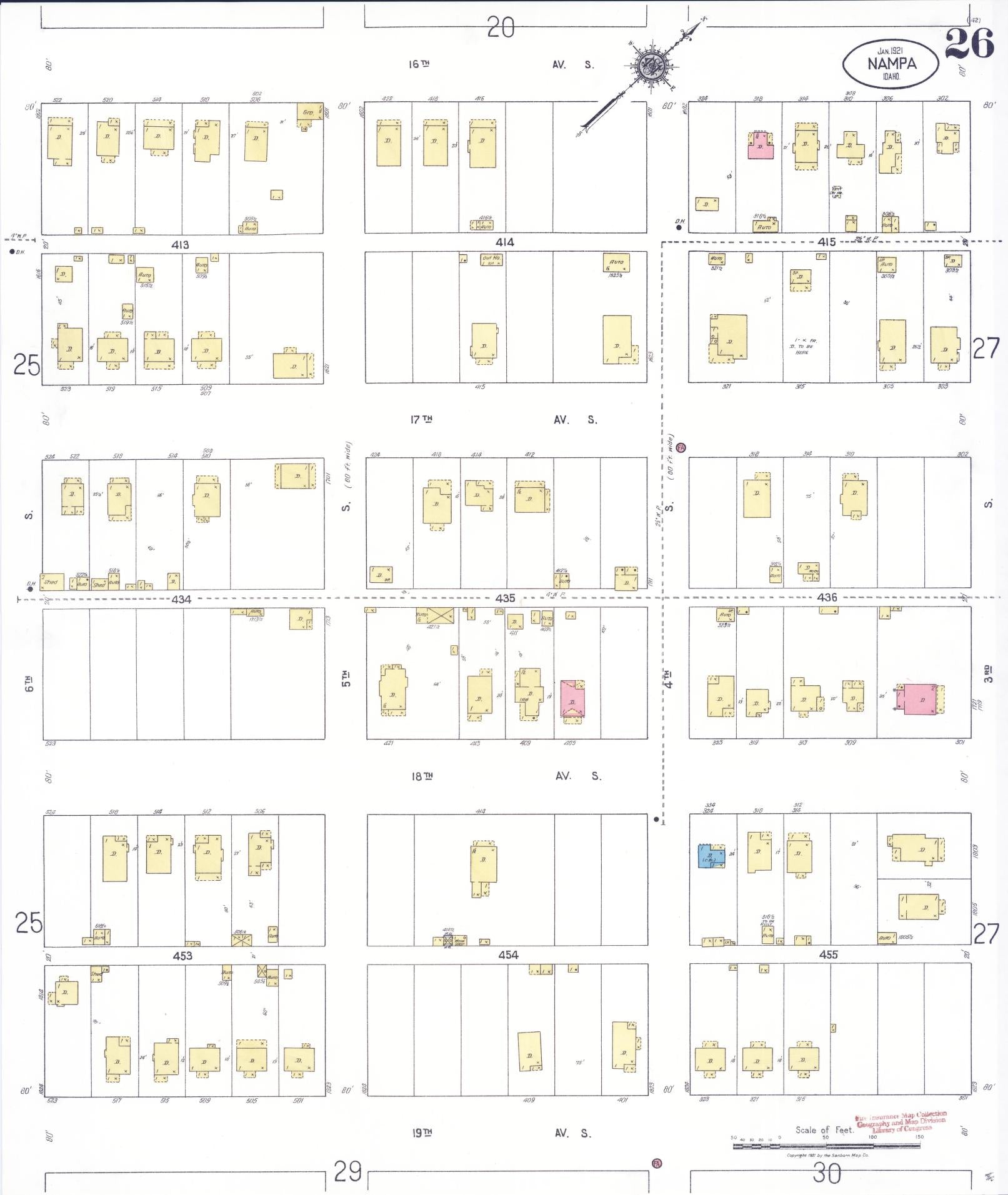 Sanborn Fire Insurance Map from Nampa, Canyon County, Idaho (1921), Sheet #0026 - Historic Sanborn Fire Insurance Map Print, vintage old map wall art, antique decor, genealogy gift, Idaho Idaho map