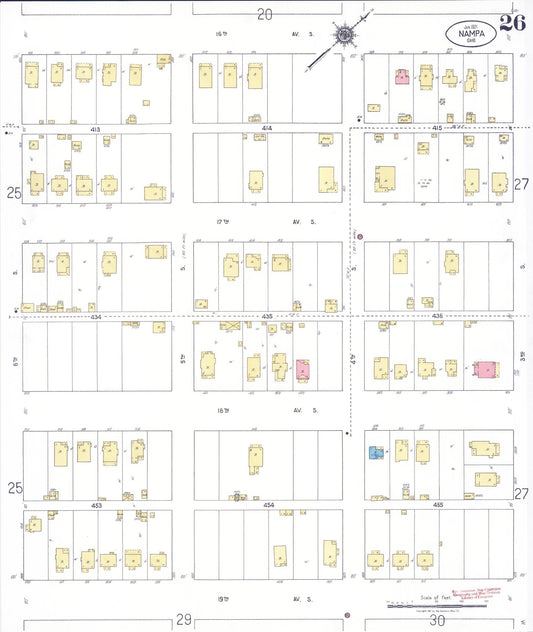 Sanborn Fire Insurance Map from Nampa, Canyon County, Idaho (1921), Sheet #0026 - Historic Sanborn Fire Insurance Map Print, vintage old map wall art, antique decor, genealogy gift, Idaho Idaho map