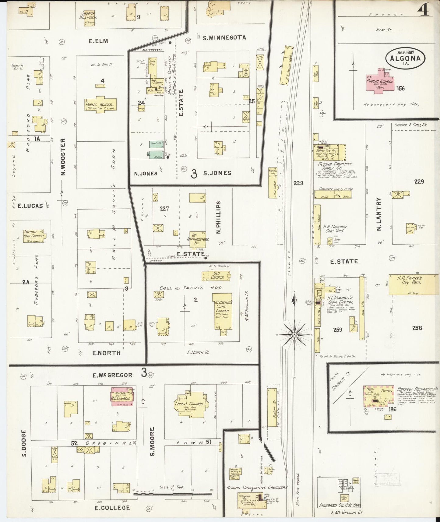 Sanborn Fire Insurance Map from Algona, Kossuth County, Iowa (1897), Sheet #0004 - Historic Sanborn Fire Insurance Map Print, vintage old map wall art