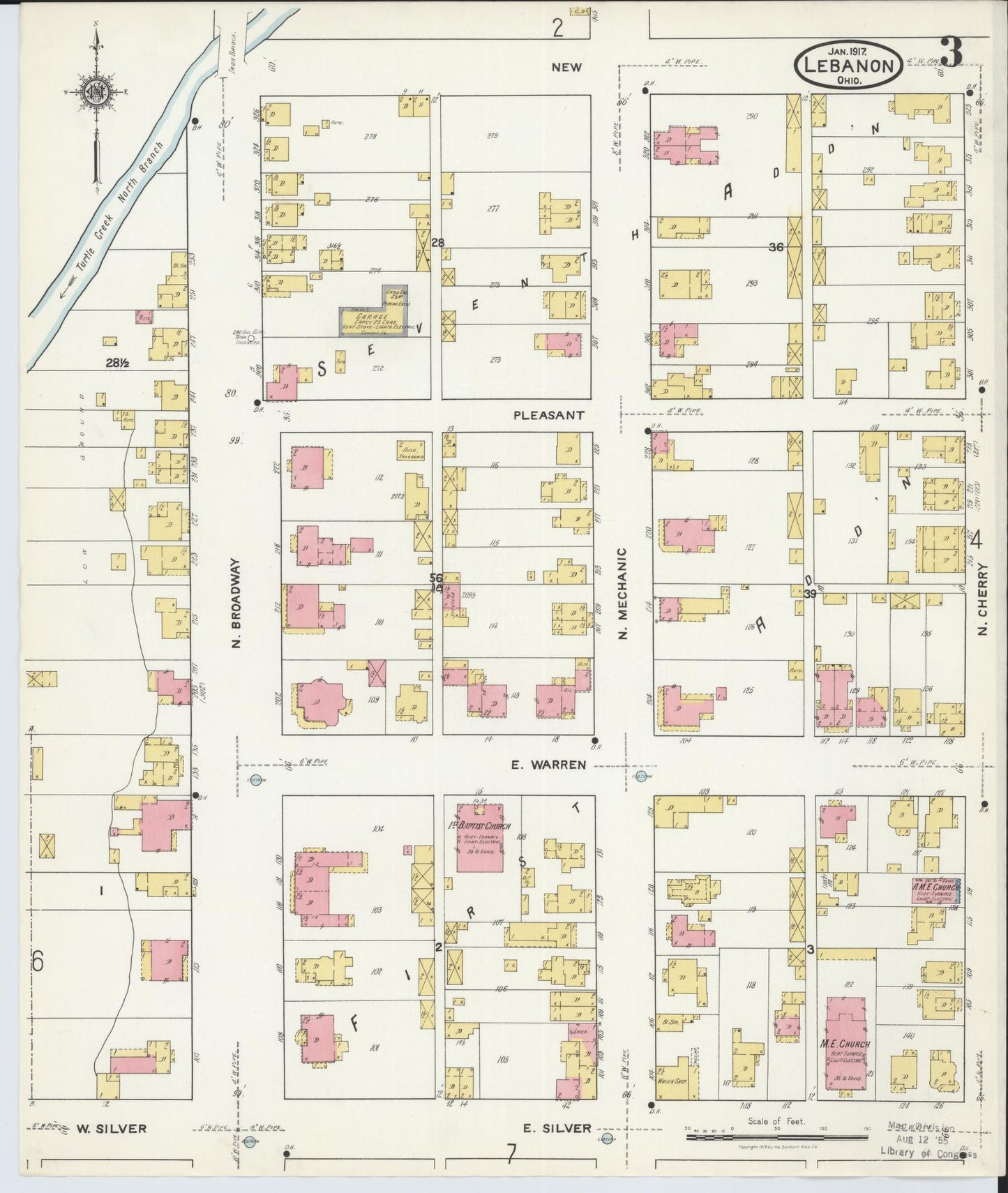 Sanborn Fire Insurance Map from Lebanon, Warren County, Ohio (1917), Sheet #0003 - Historic Sanborn Fire Insurance Map Print, vintage old map wall art, antique decor, genealogy gift, Ohio Ohio map