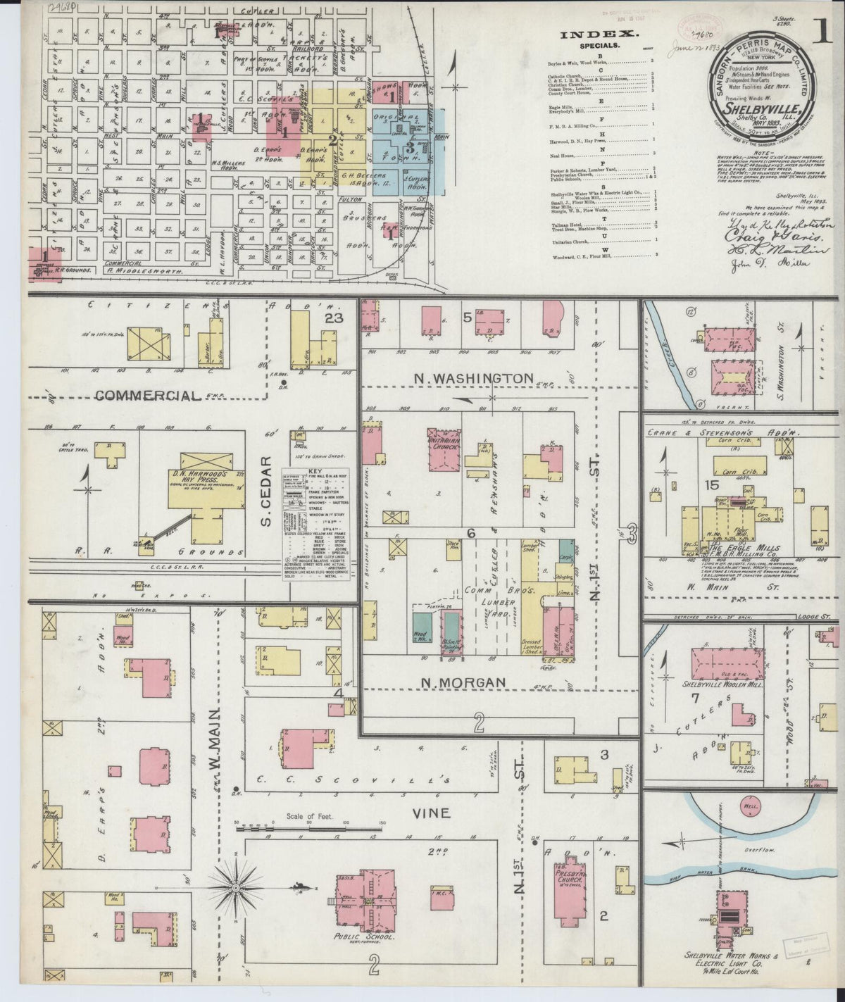 Sanborn Fire Insurance Map from Shelbyville, Shelby County, Illinois (1893), Sheet #0001 - Historic Sanborn Fire Insurance Map Print, vintage old map wall art, antique decor, genealogy gift, Illinois Illinois map