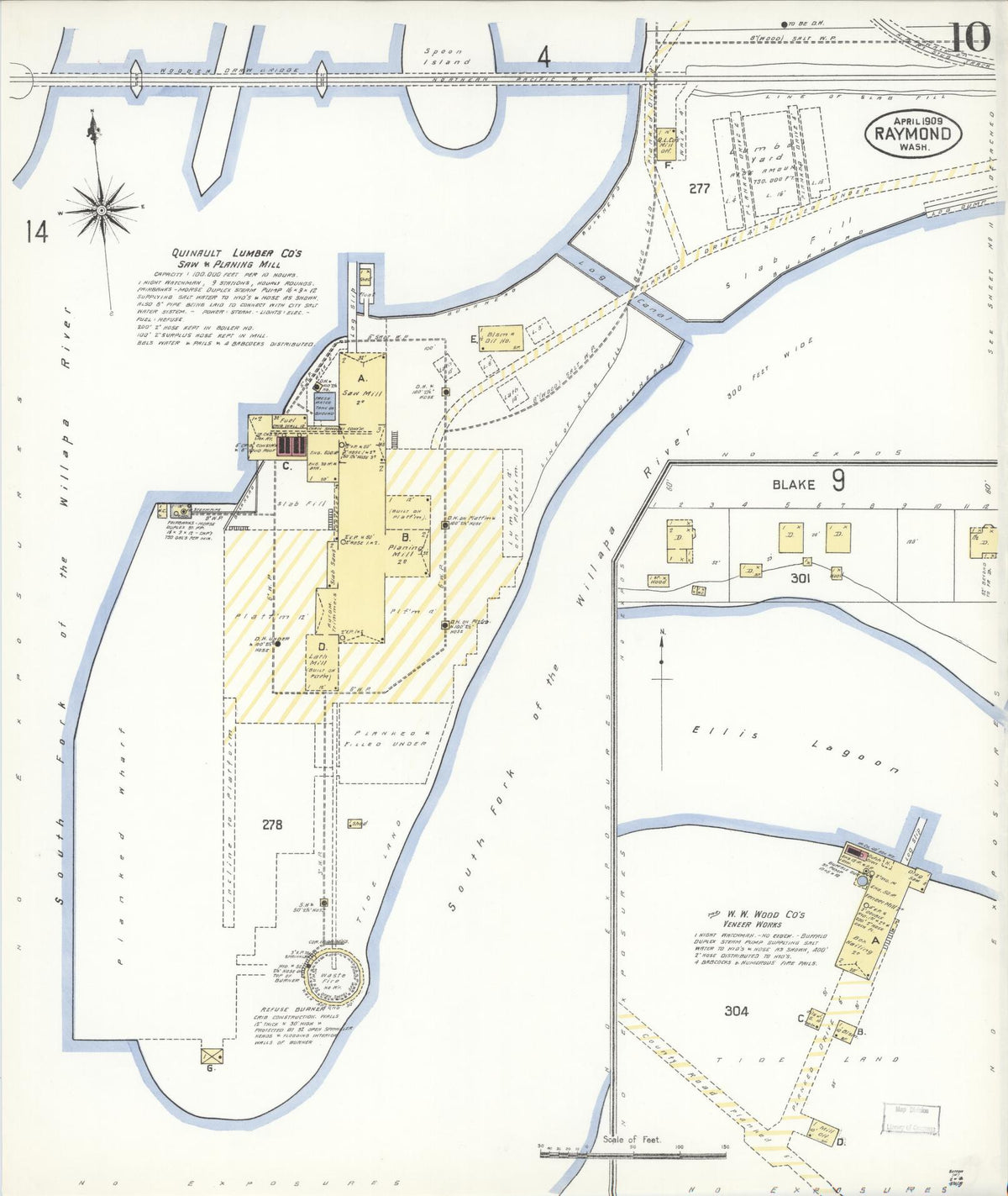 Sanborn Fire Insurance Map from Raymond, Pacific County, Washington (1909), Sheet #0010 - Historic Sanborn Fire Insurance Map Print, vintage old map wall art, antique decor, genealogy gift, Washington Washington map