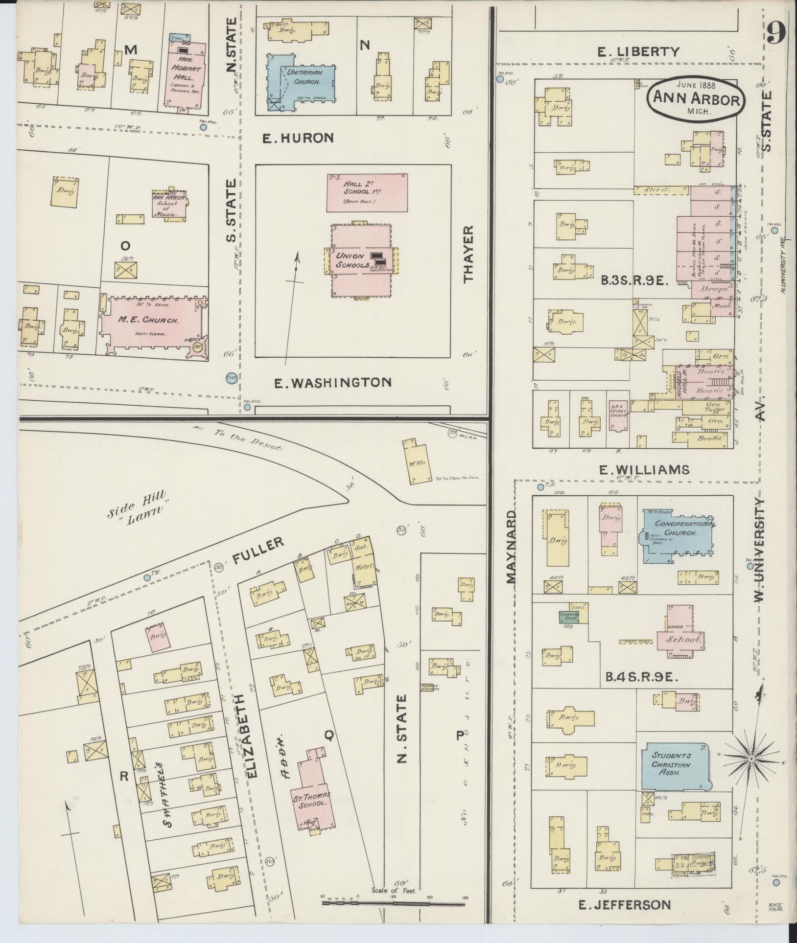 Sanborn Fire Insurance Map from Ann Arbor, Washtenaw County, Michigan (1888), Sheet #0009 - Historic Sanborn Fire Insurance Map Print, vintage old map wall art, antique decor, genealogy gift, Michigan Michigan map