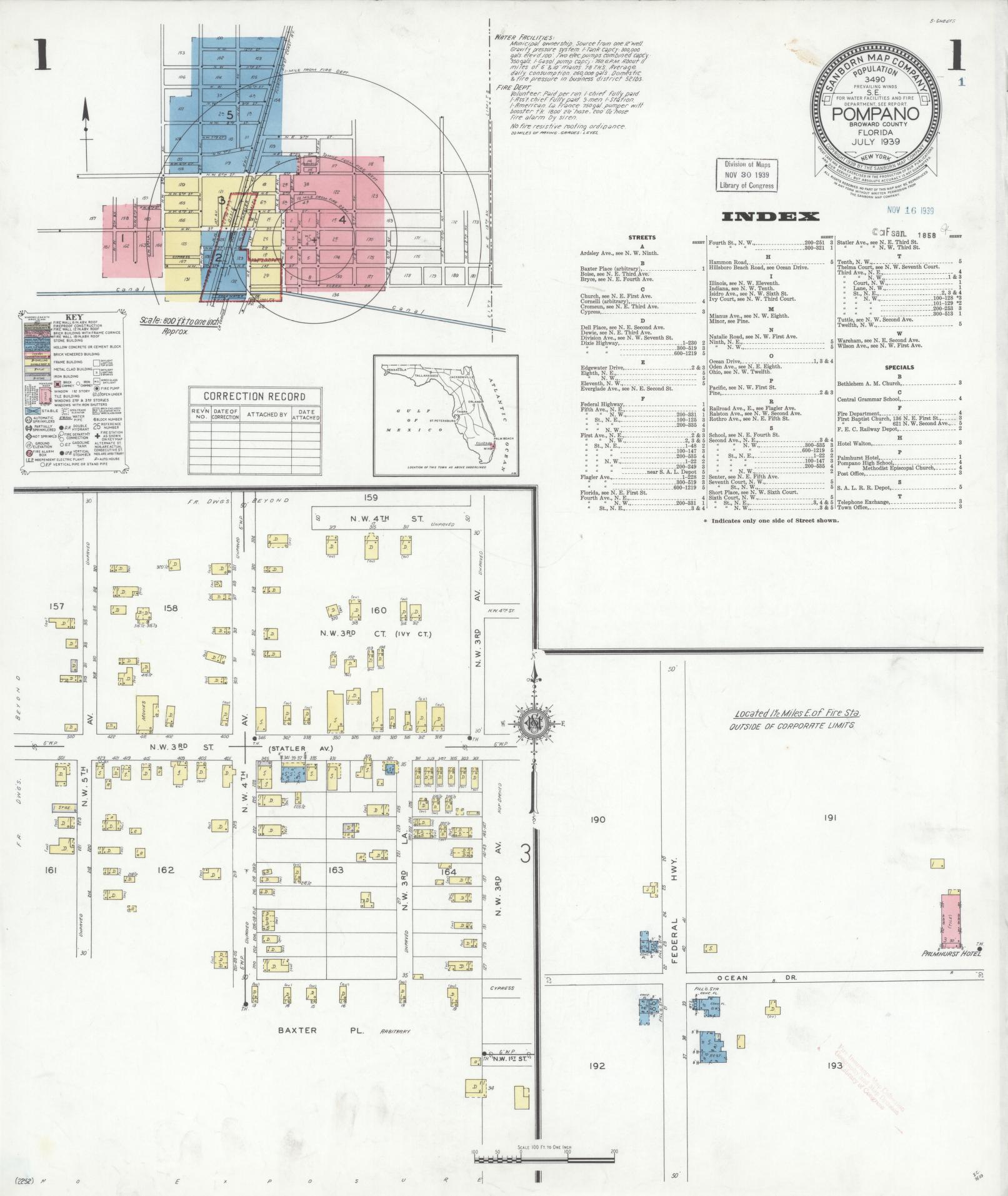 Sanborn Fire Insurance Map from Pompano, Broward County, Florida (1939), Sheet #0001 - Historic Sanborn Fire Insurance Map Print, vintage old map wall art, antique decor, genealogy gift, Florida Florida map