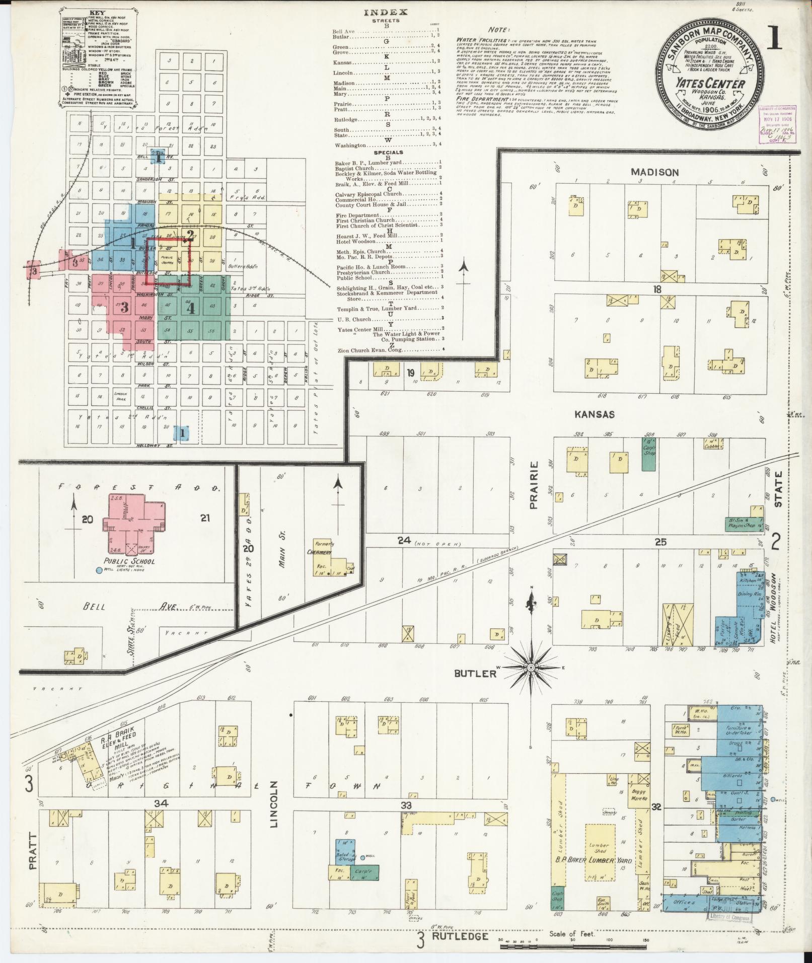 Sanborn Fire Insurance Map from Yates Center, Woodson County, Kansas (1906), Sheet #0001 - Historic Sanborn Fire Insurance Map Print, vintage old map wall art, antique decor, genealogy gift, Kansas Kansas map