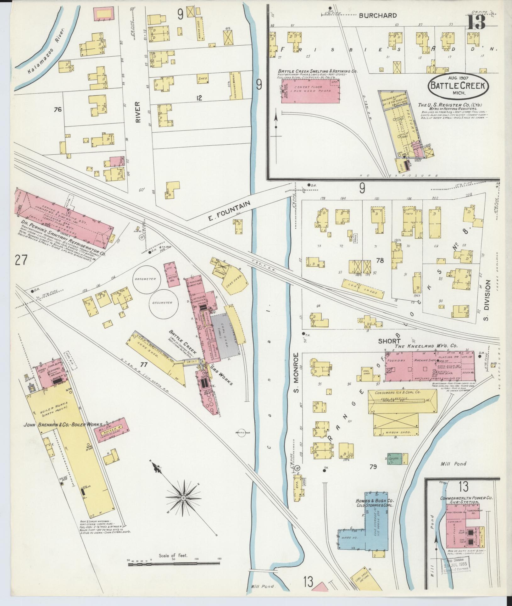 Sanborn Fire Insurance Map from Battle Creek, Calhoun County, Michigan (1907), Sheet #0013 - Complete Map Set gallery image, historic Sanborn map, vintage wall art, Michigan Michigan