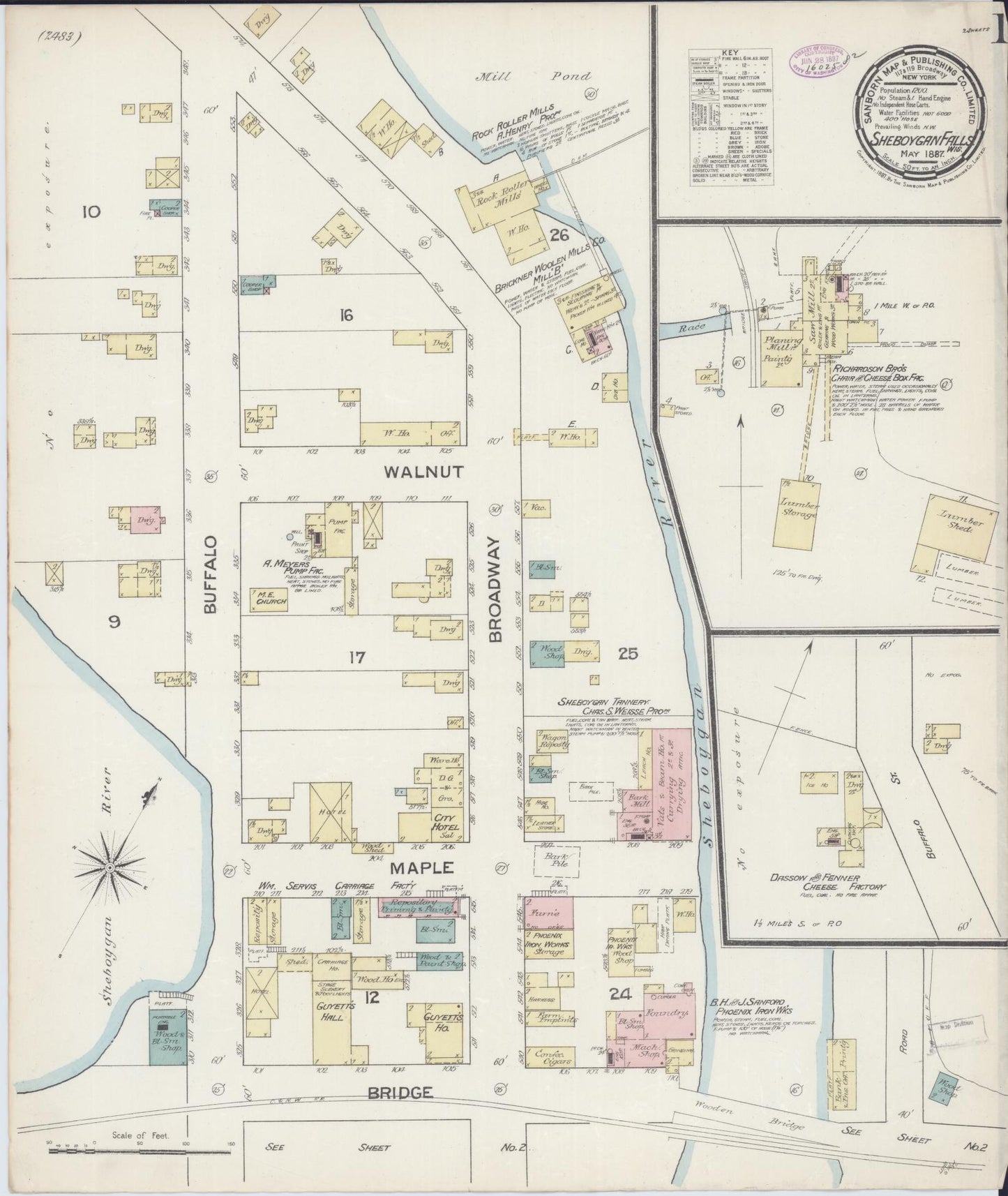 Sanborn Fire Insurance Map from Sheboygan Falls, Sheboygan County, Wisconsin (1887), Sheet #0001 - Historic Sanborn Fire Insurance Map Print, vintage old map wall art, antique decor, genealogy gift, Wisconsin Wisconsin map