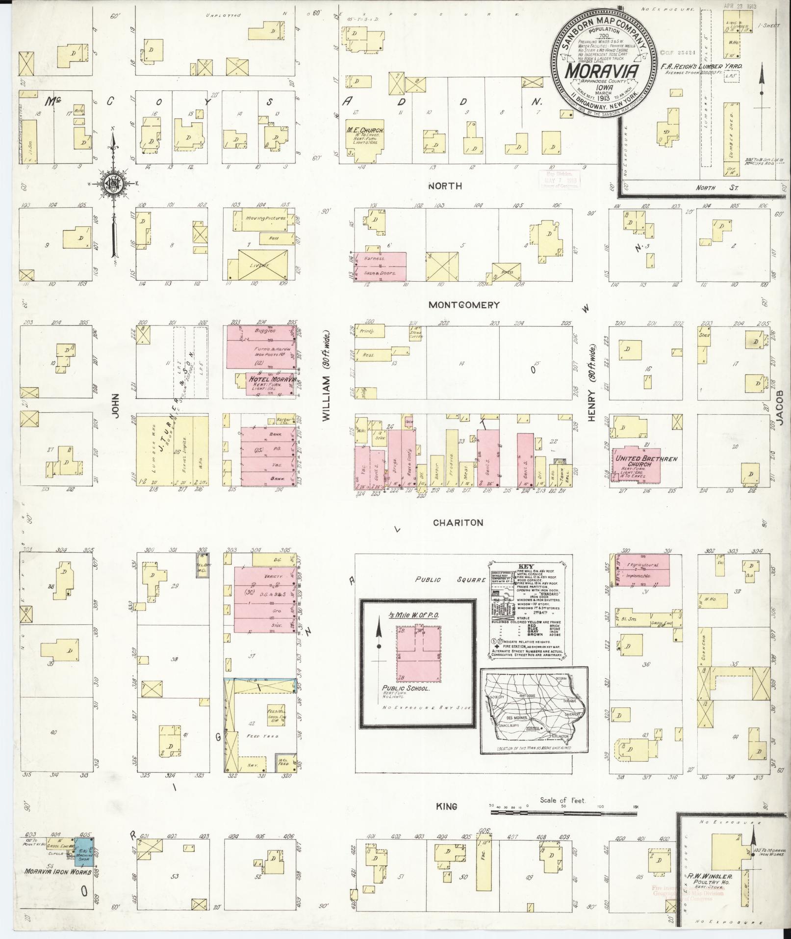 Sanborn Fire Insurance Map from Moravia, Appanoose County, Iowa (1913), Sheet #0001 - Historic Sanborn Fire Insurance Map Print, vintage old map wall art