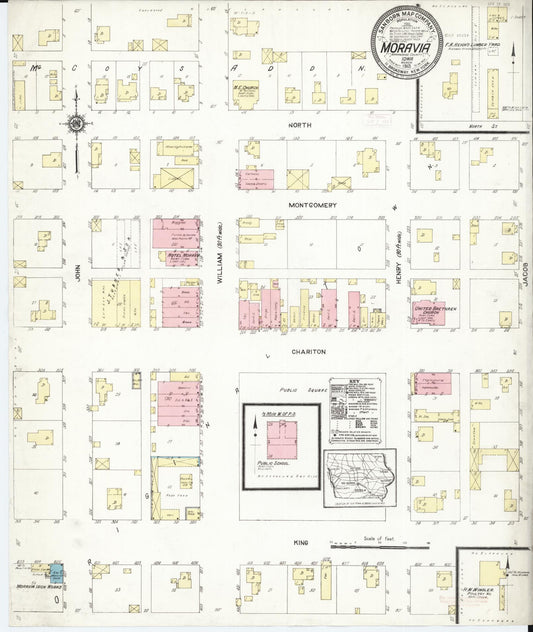 Sanborn Fire Insurance Map from Moravia, Appanoose County, Iowa (1913), Sheet #0001 - Historic Sanborn Fire Insurance Map Print, vintage old map wall art