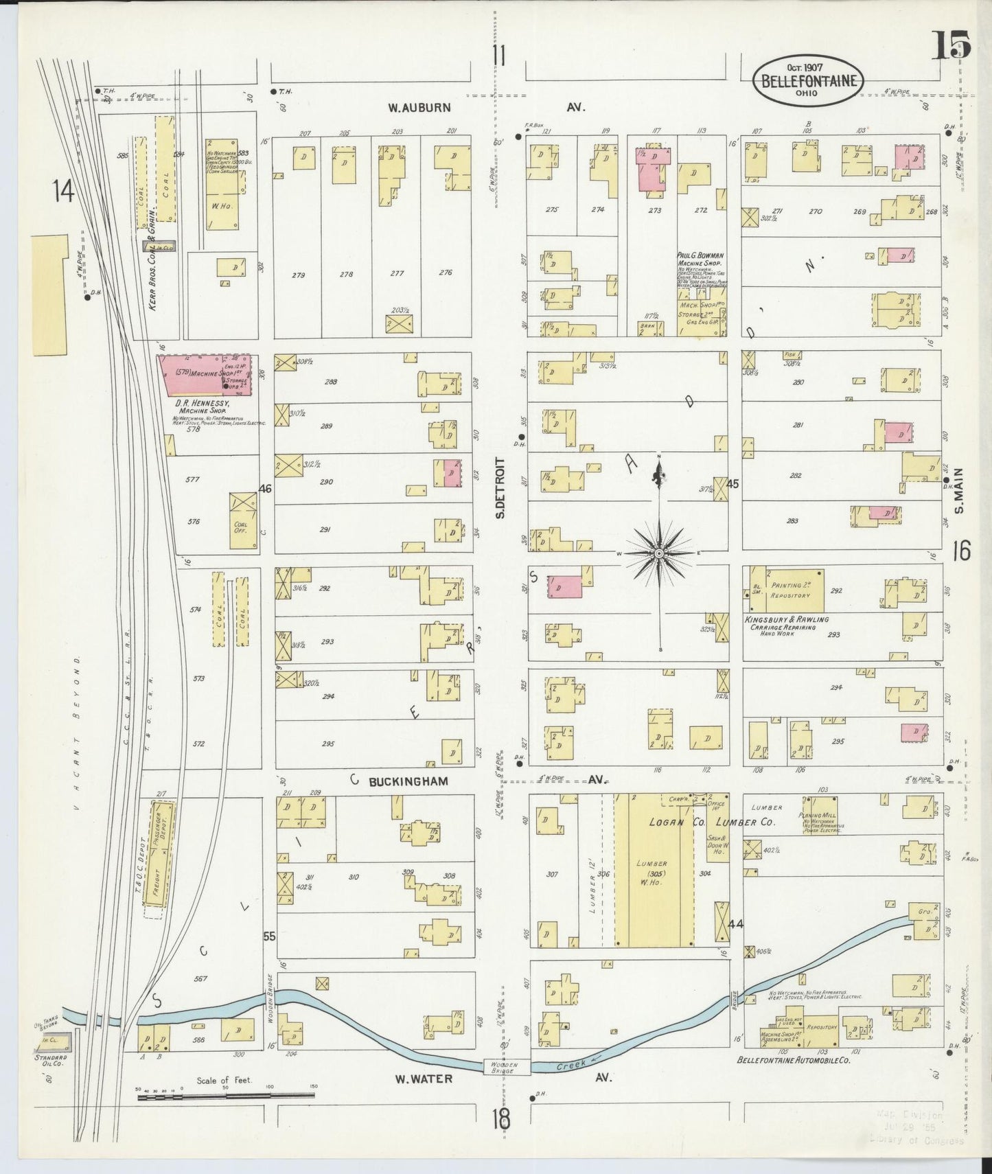 Sanborn Fire Insurance Map from Bellefontaine, Logan County, Ohio (1907), Sheet #0015 - Historic Sanborn Fire Insurance Map Print, vintage old map wall art, antique decor, genealogy gift, Ohio Ohio map